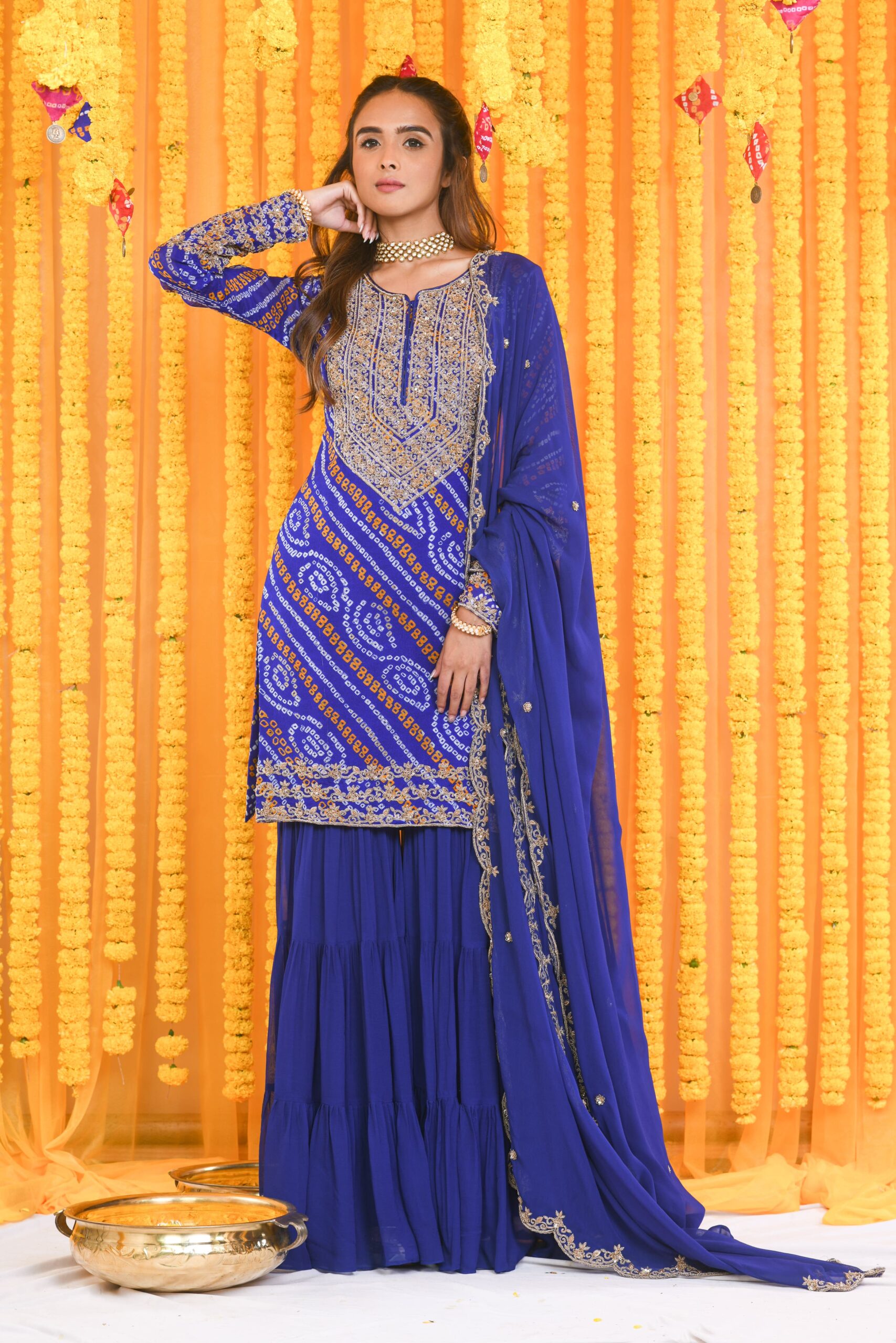BANDHNI ZARDOZI SHARARA WITH HEAVY DUPATTA AND KURTA