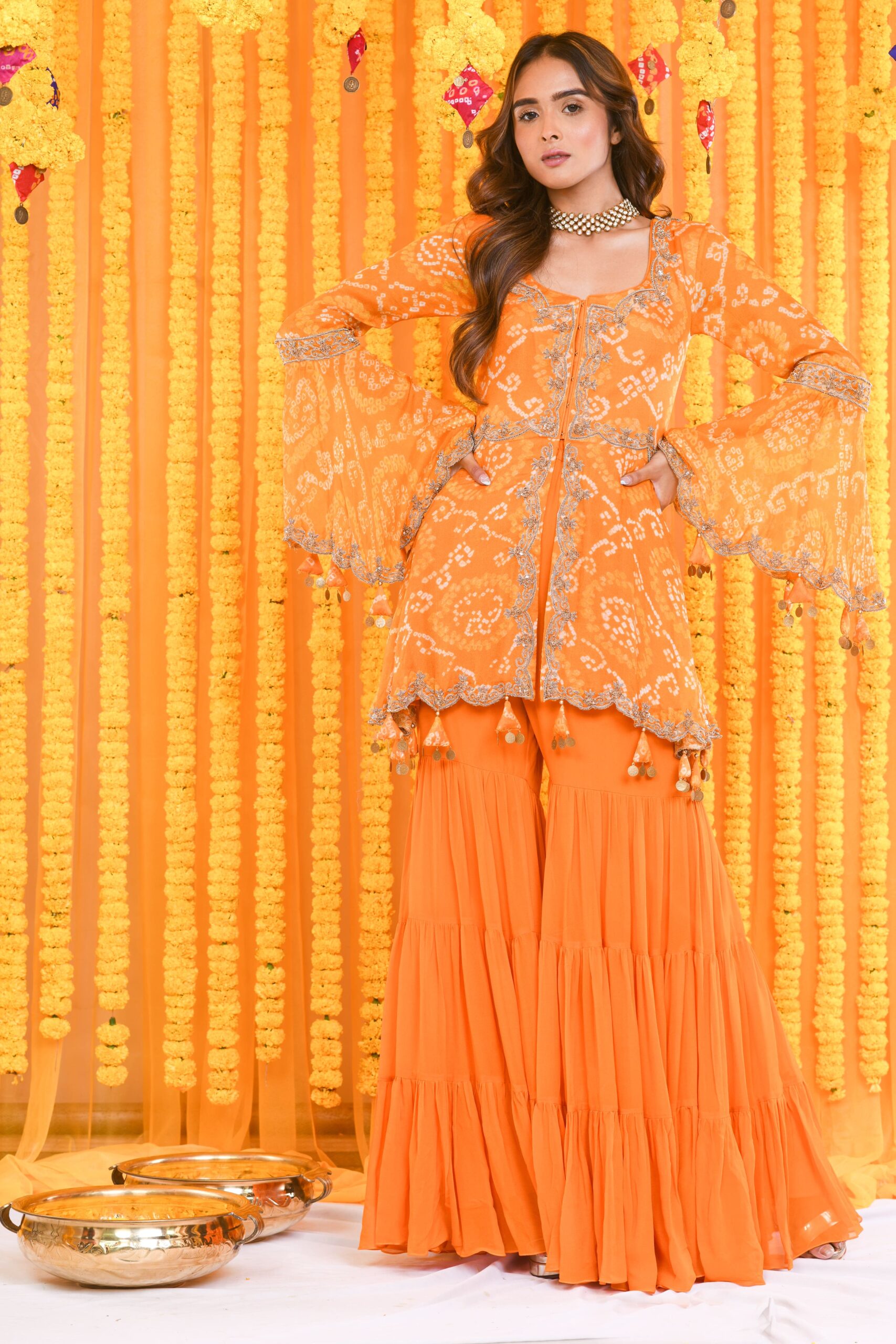 BANDHNI ZARDOZI EMBROIDERED PEPLUM AND SHARARA SET WITH HEAVY DUPATTA