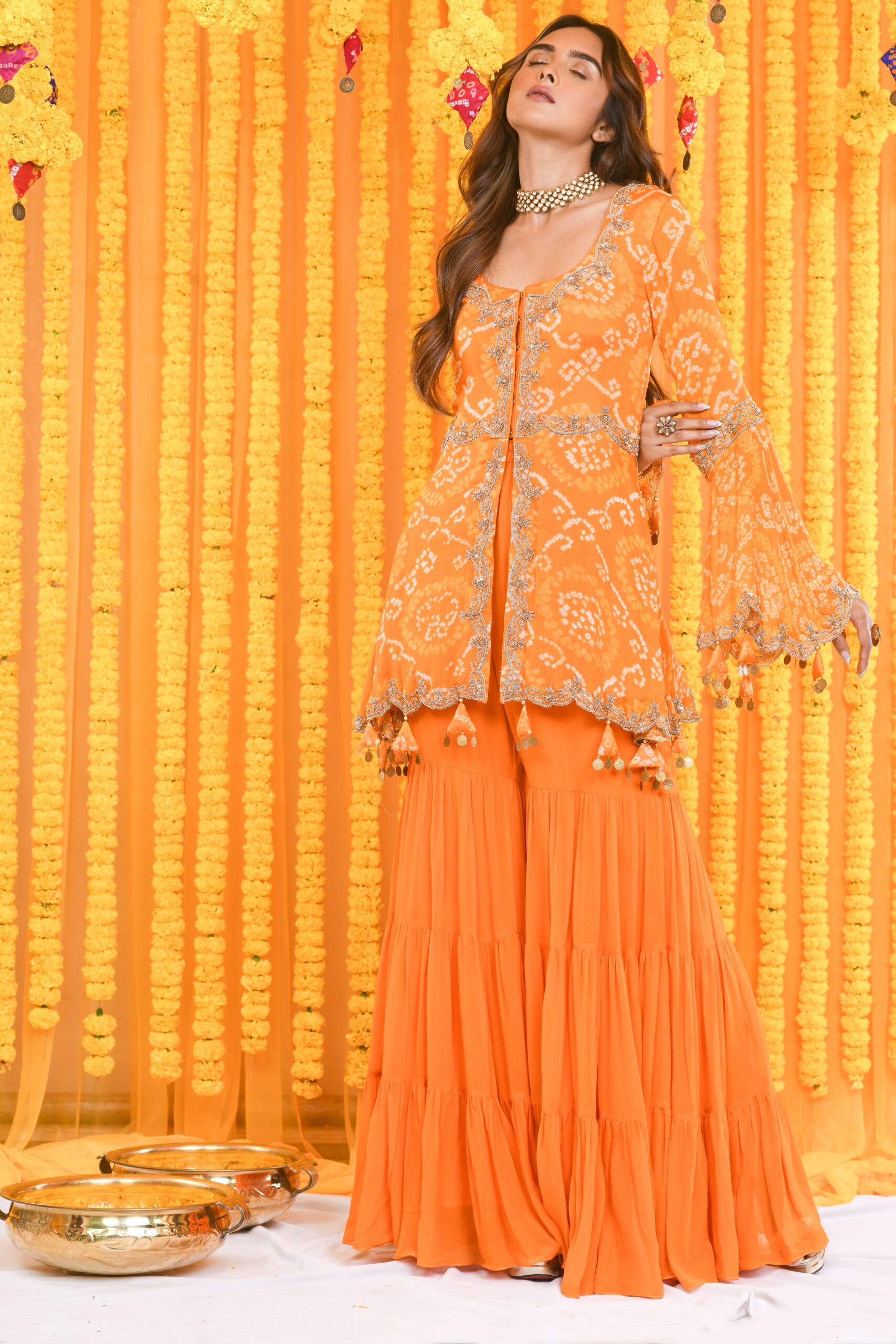 BANDHNI ZARDOZI EMBROIDERED PEPLUM AND SHARARA SET WITH HEAVY DUPATTA - Image 5