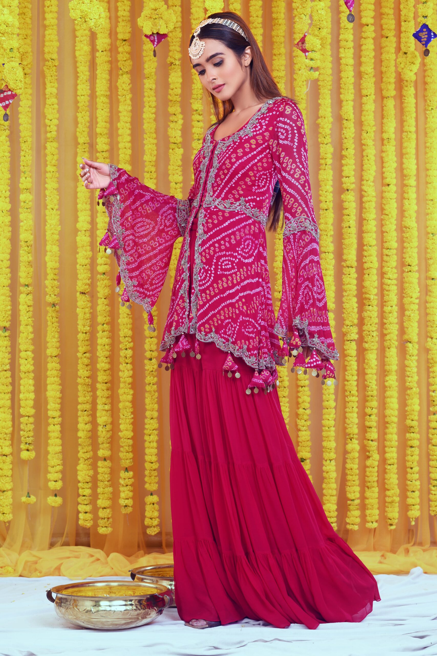 BANDHNI ZARDOZI EMBROIDERED PEPLUM AND SHARARA SET WITH HEAVY DUPATTA - Image 4