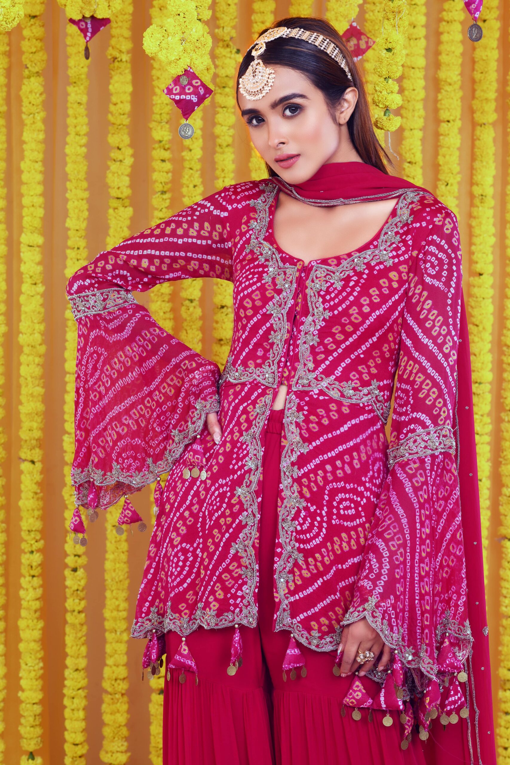 BANDHNI ZARDOZI EMBROIDERED PEPLUM AND SHARARA SET WITH HEAVY DUPATTA