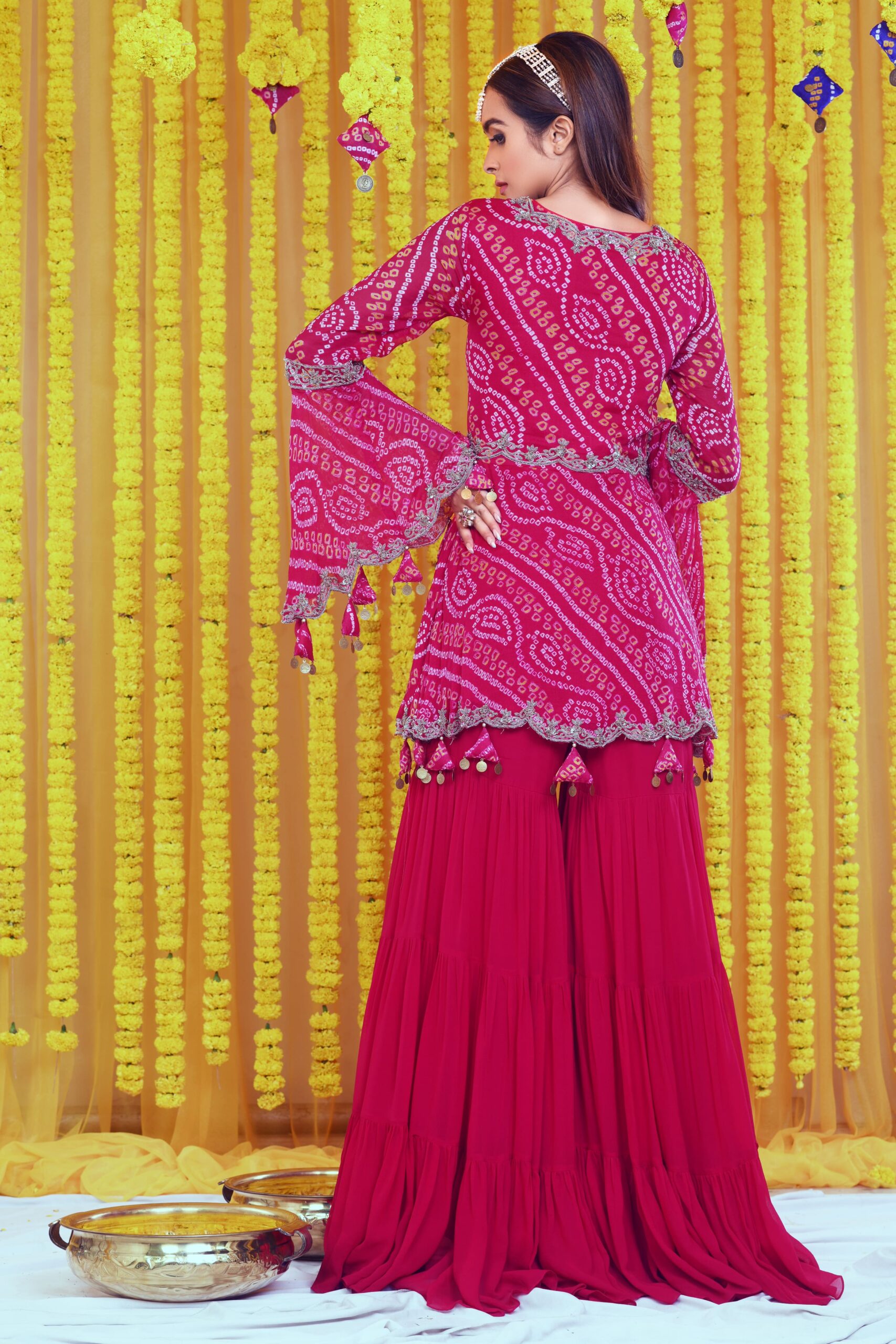 BANDHNI ZARDOZI EMBROIDERED PEPLUM AND SHARARA SET WITH HEAVY DUPATTA - Image 5