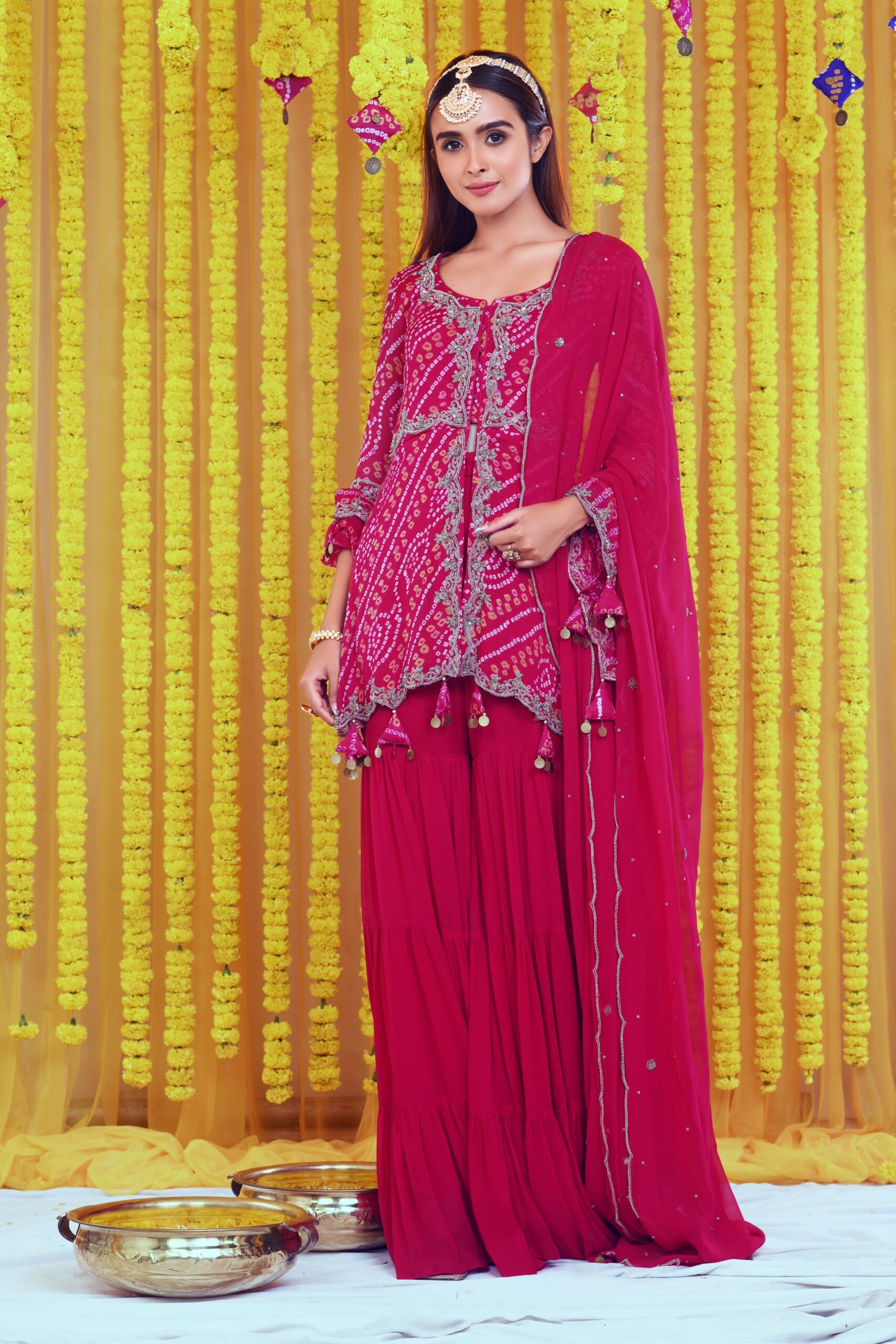 BANDHNI ZARDOZI EMBROIDERED PEPLUM AND SHARARA SET WITH HEAVY DUPATTA - Image 2