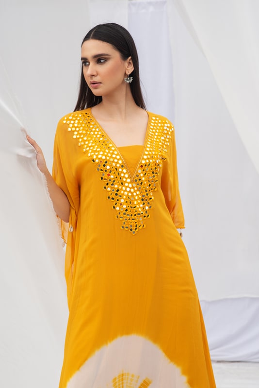 V NECK KAFTAN WITH DETAILED MIRROR WORK - Image 11