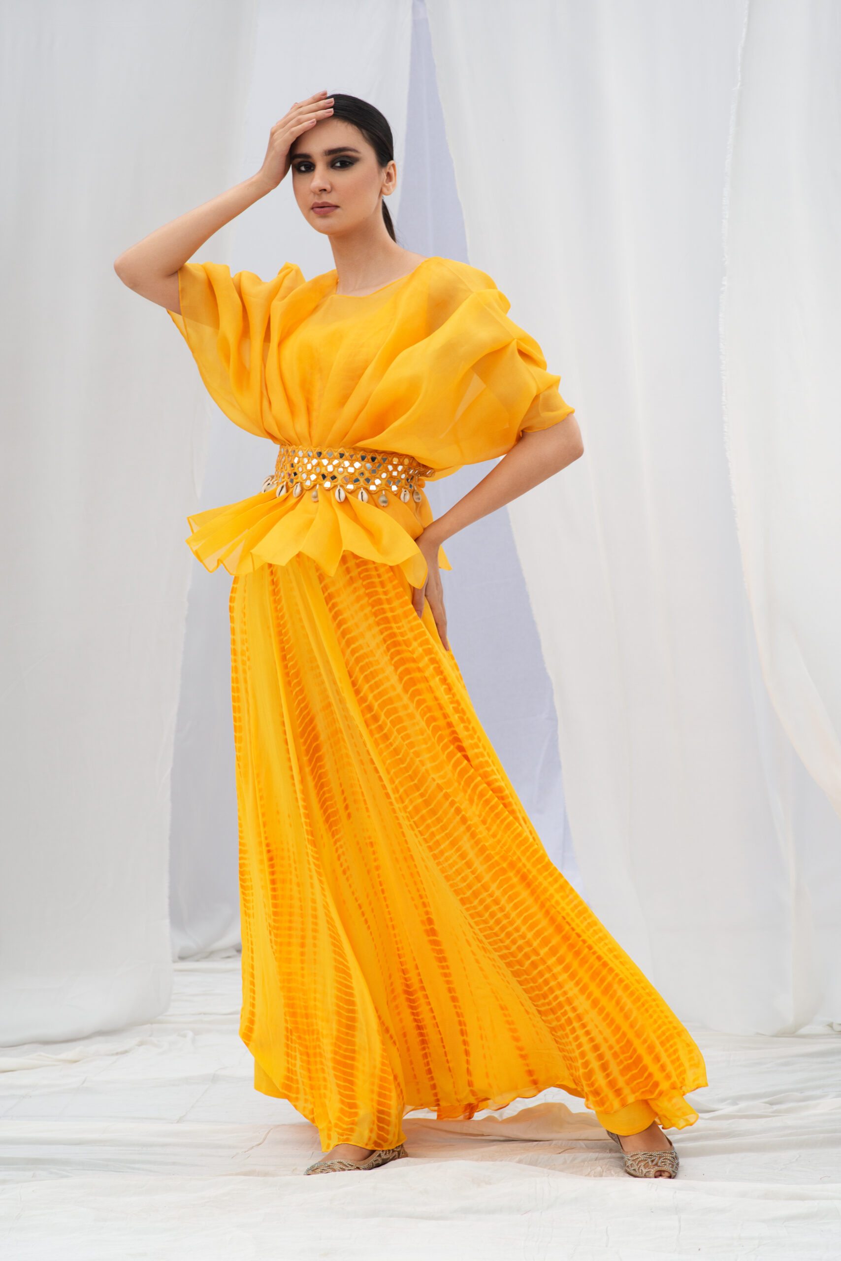 ORGANZA GOWN TEAMED WITH A MIRROR WORK BELT