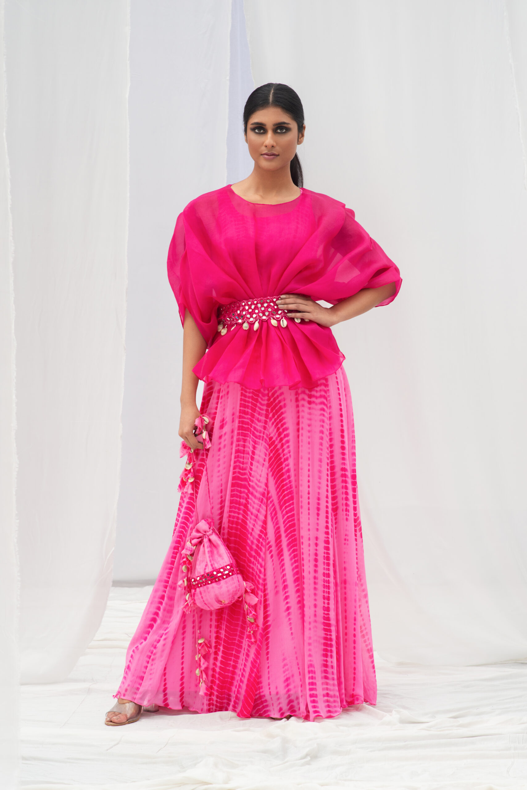 ORGANZA GOWN TEAMED WITH A MIRROR WORK BELT