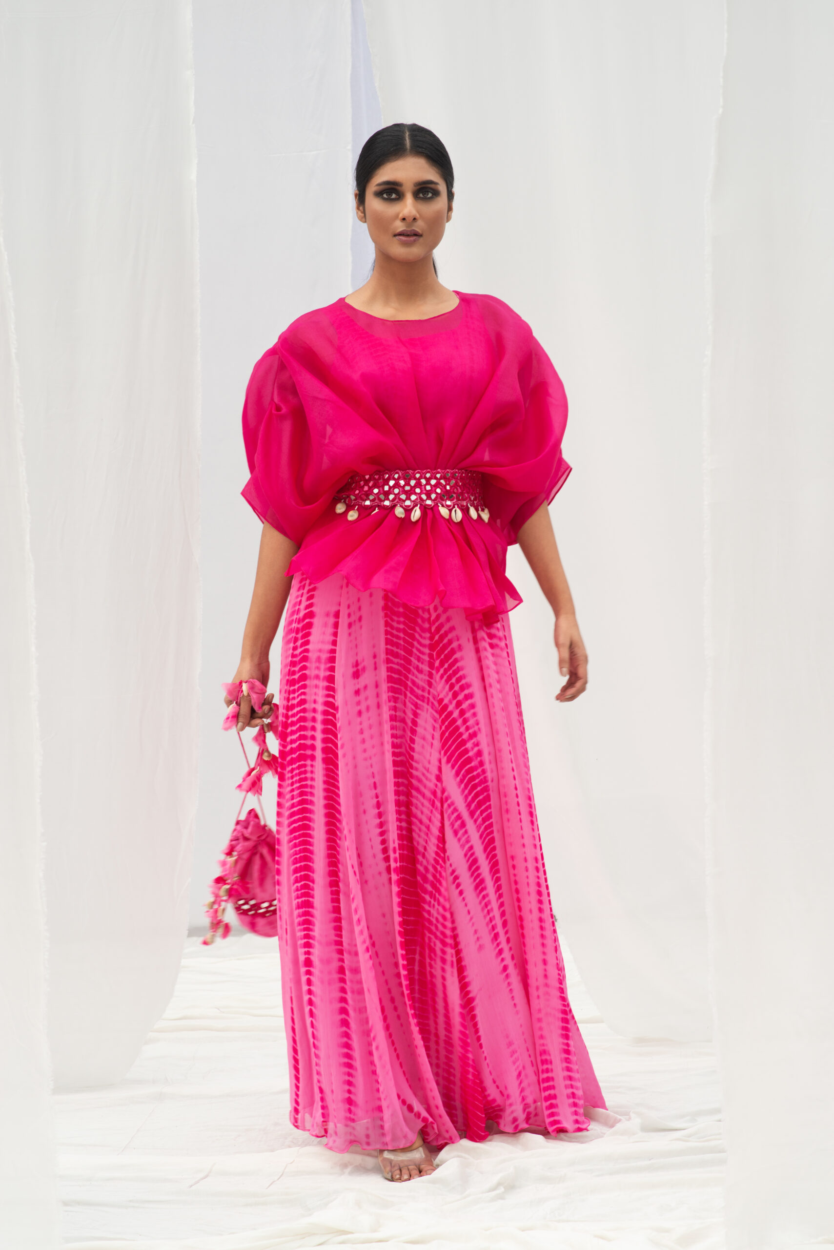 ORGANZA GOWN TEAMED WITH A MIRROR WORK BELT