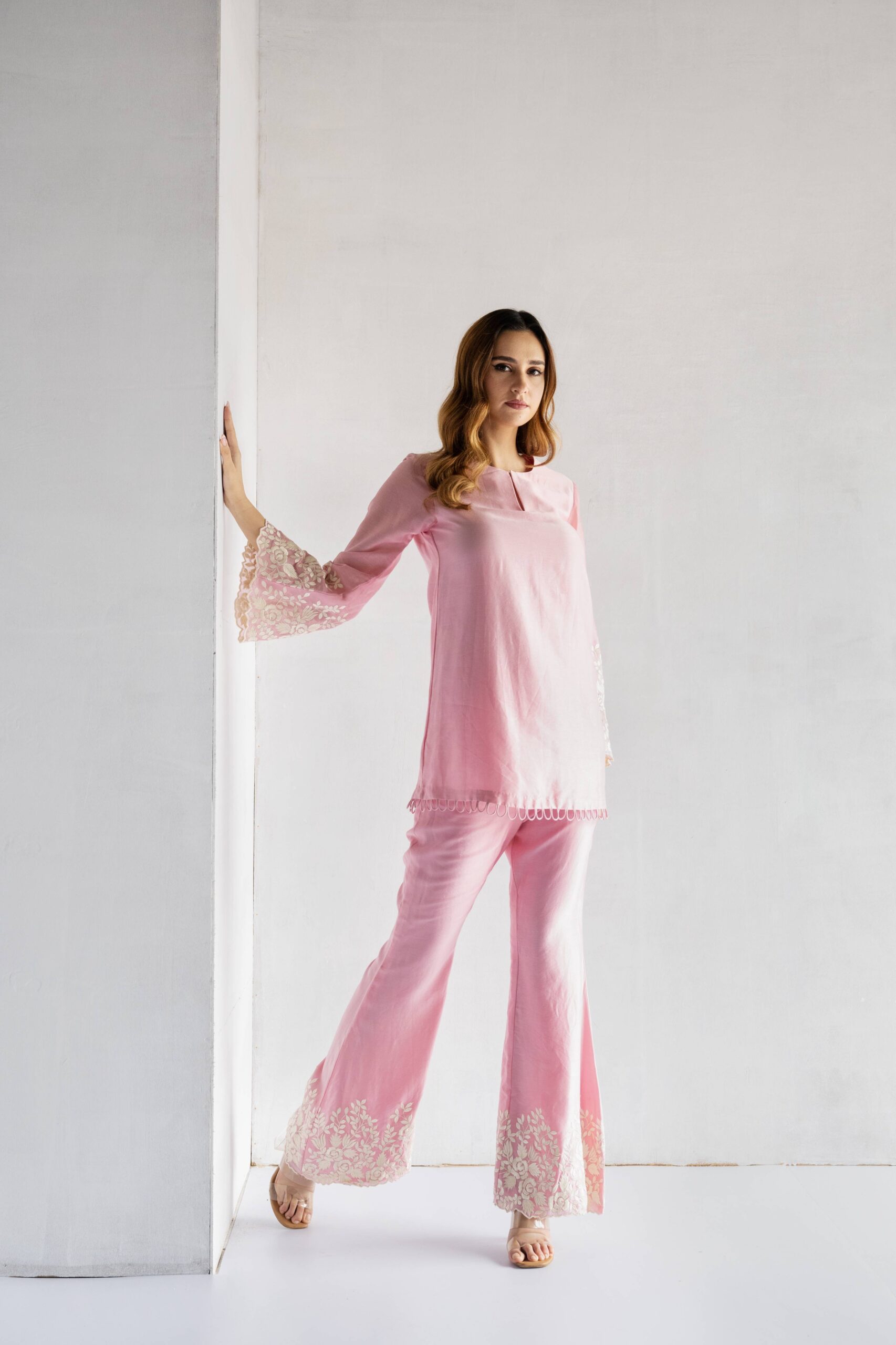 PINK-THREAD EMBROIDERY -PURE CHANDERI COORDINATE SETS - Image 2