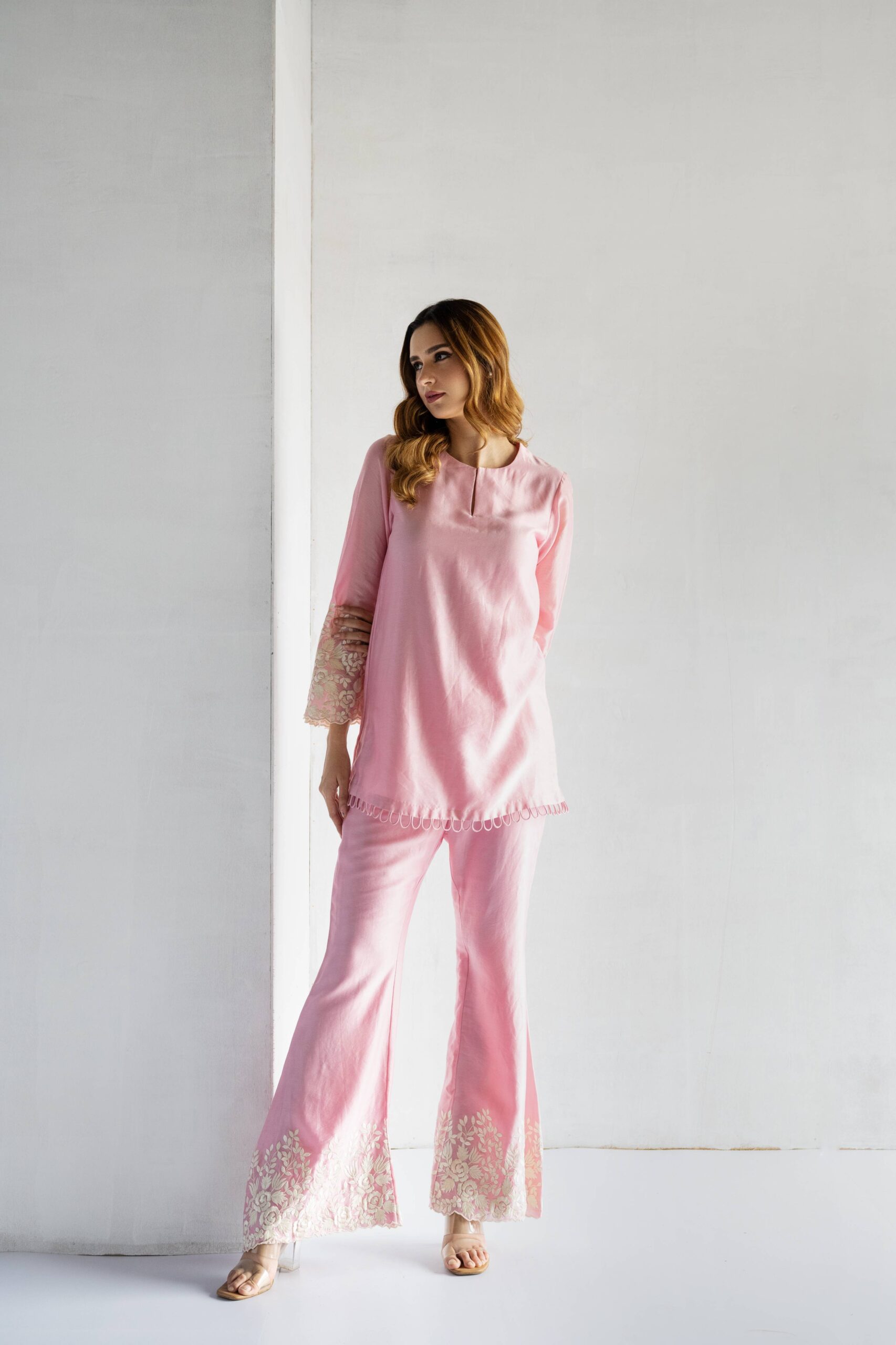 PINK-THREAD EMBROIDERY -PURE CHANDERI COORDINATE SETS - Image 3