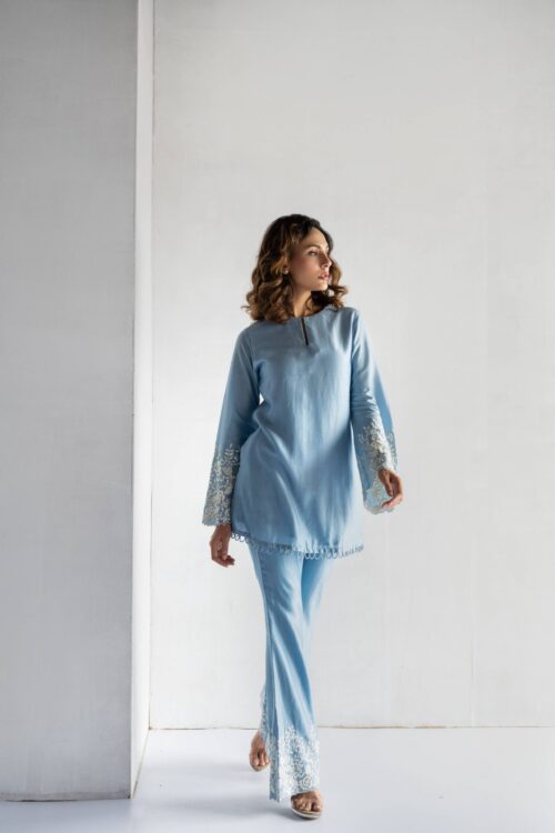 POWDER BLUE-THREAD EMBROIDERY -PURE CHANDERI COORDINATE SETS