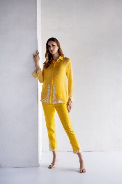 YELLOW-THREAD EMBROIDERY -PURE SOFT ORGANZA SHORT SHIRT