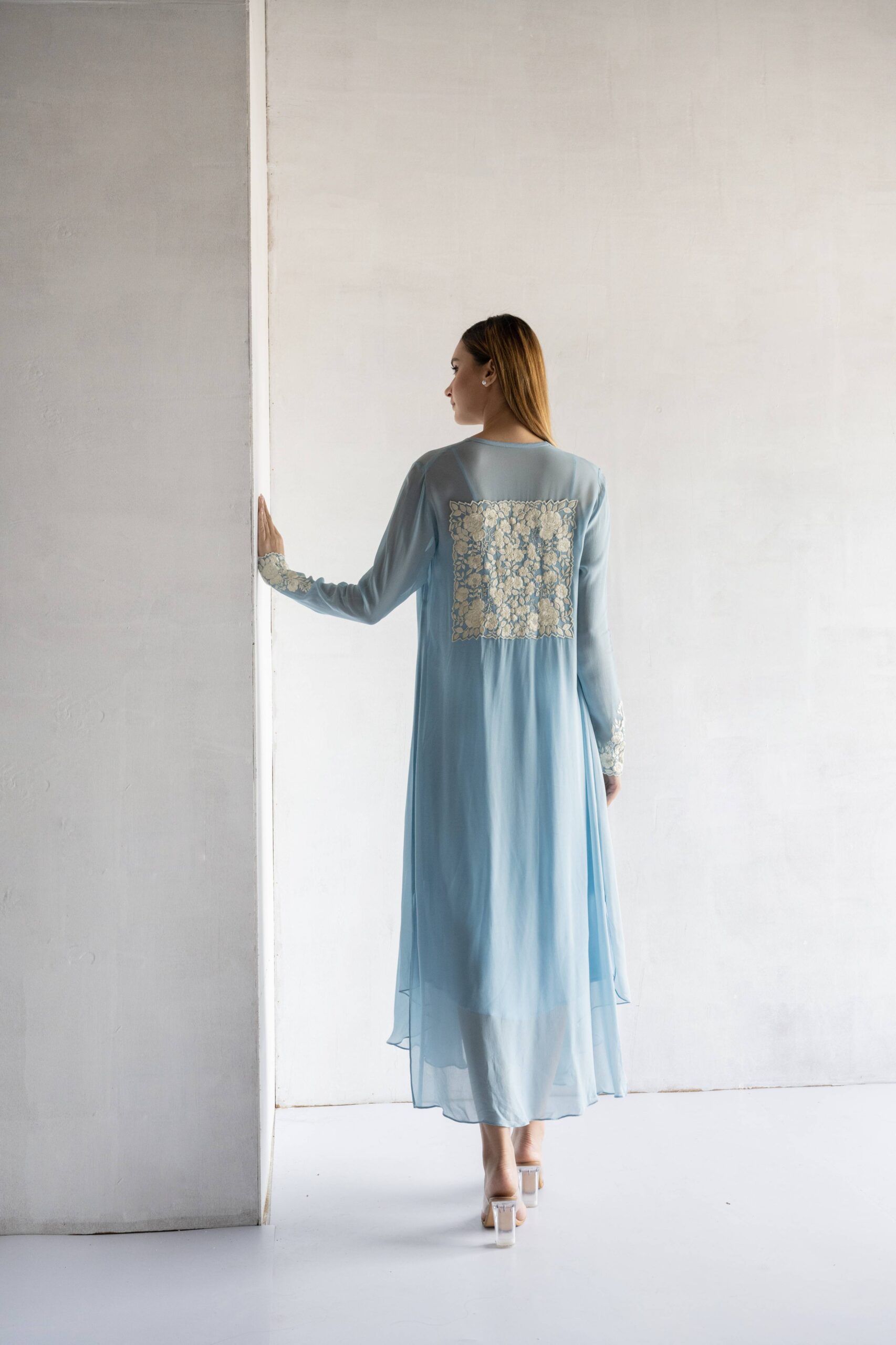 POWDER BLUE-THREAD EMBROIDERY -GEORGETTE A-LINE DRAPE DRESS - Image 2