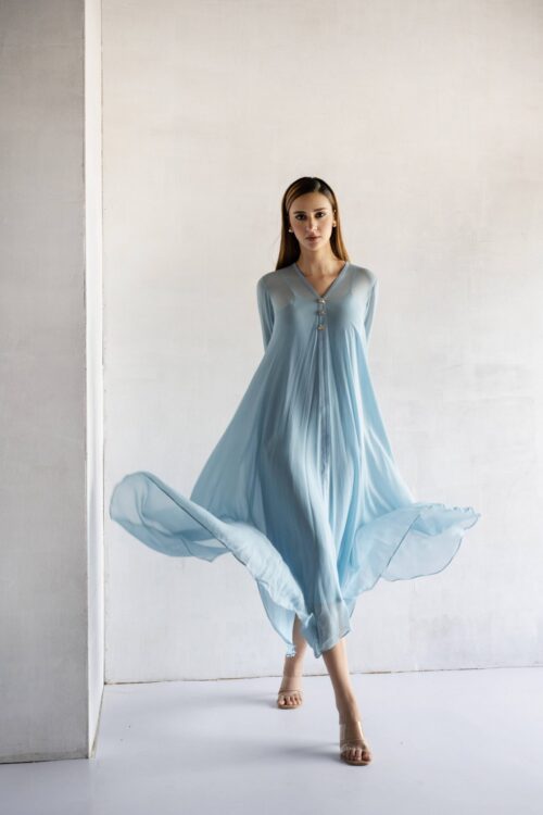 POWDER BLUE-THREAD EMBROIDERY -GEORGETTE A-LINE DRAPE DRESS