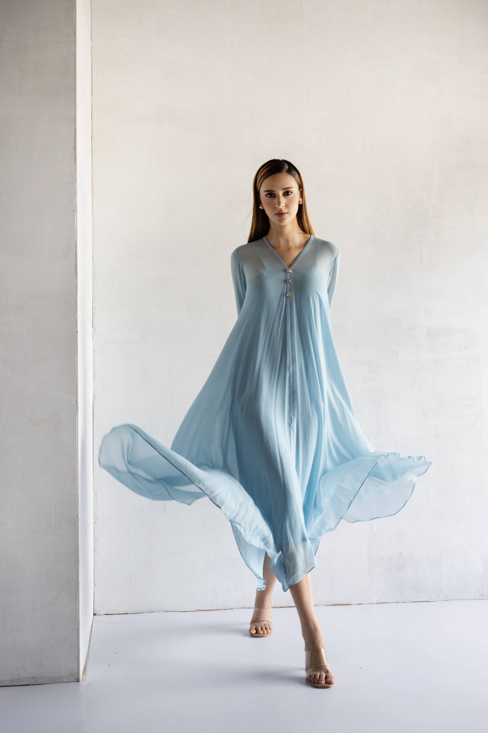 POWDER BLUE-THREAD EMBROIDERY -GEORGETTE A-LINE DRAPE DRESS