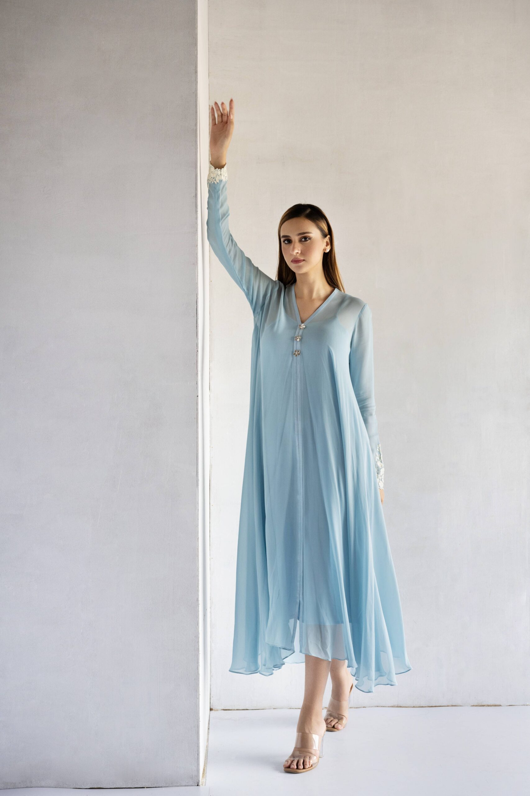 POWDER BLUE-THREAD EMBROIDERY -GEORGETTE A-LINE DRAPE DRESS - Image 3