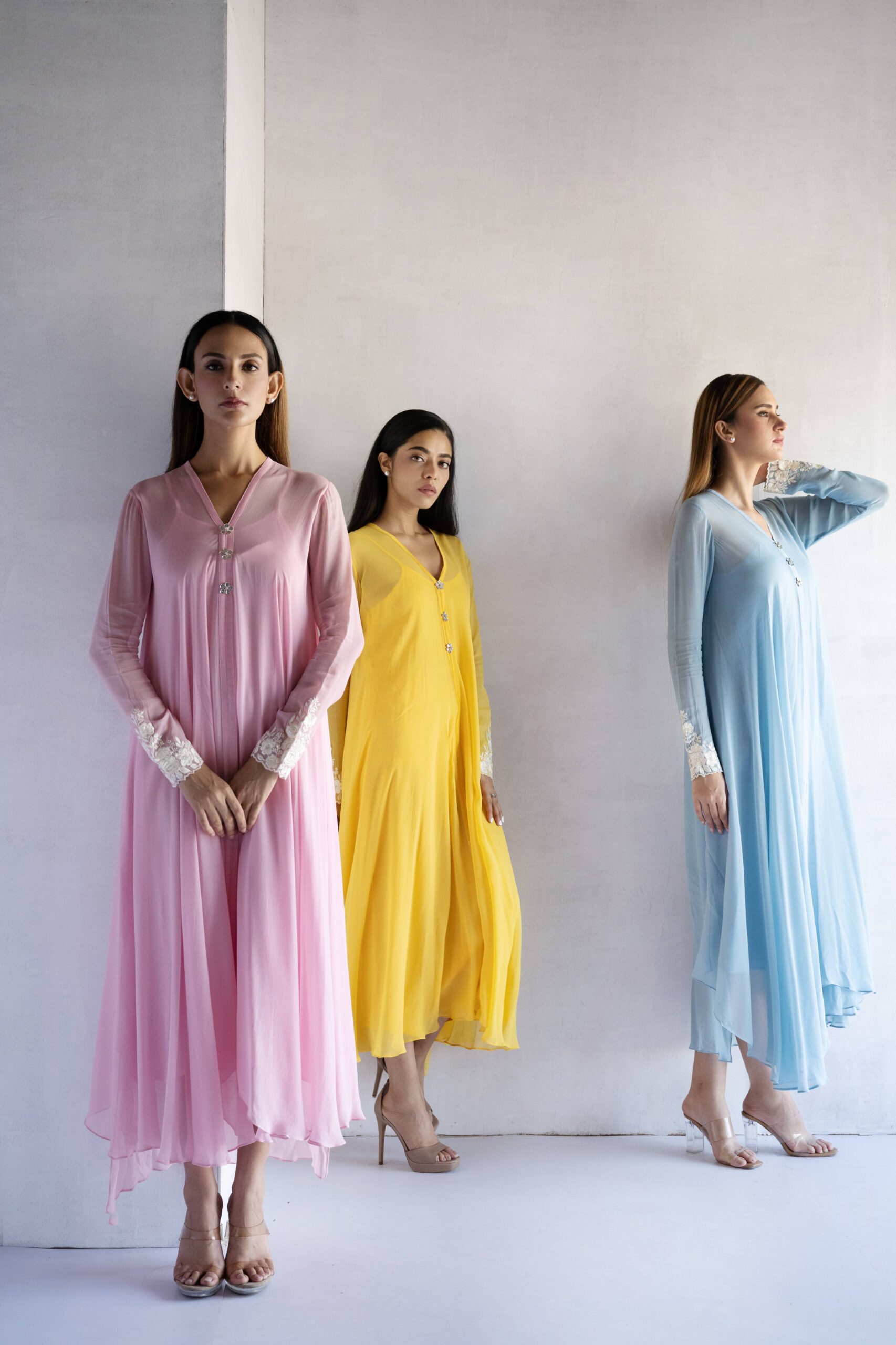 POWDER BLUE-THREAD EMBROIDERY -GEORGETTE A-LINE DRAPE DRESS - Image 5