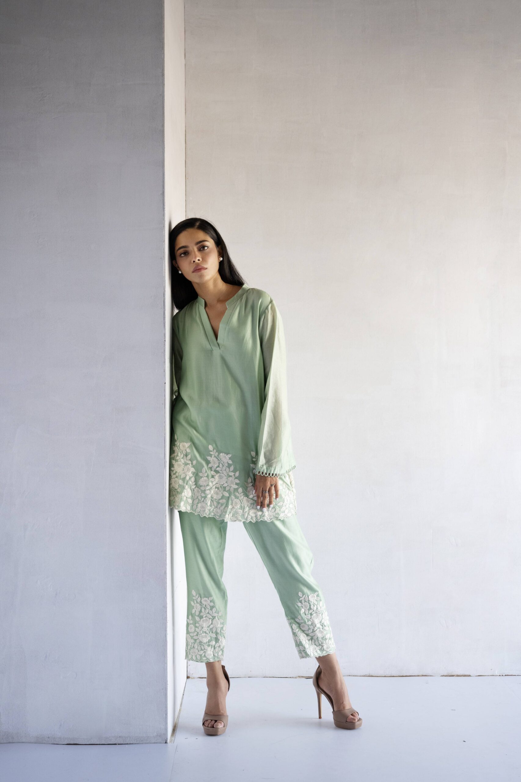 GREEN-THEREAD EMBROIDERY -PURE CHANDERI COORDINATE SETS - Image 3