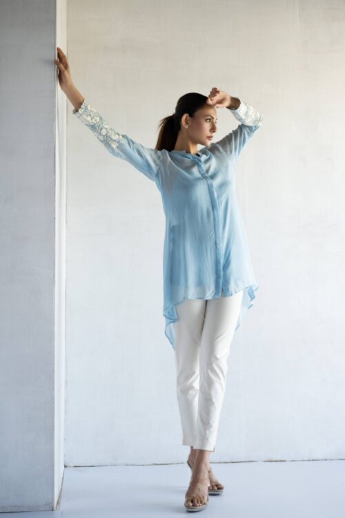 POWDER BLUE-THREAD EMBROIDERY -PURE SOFT ORGANZA HIGH LOW SHIRT
