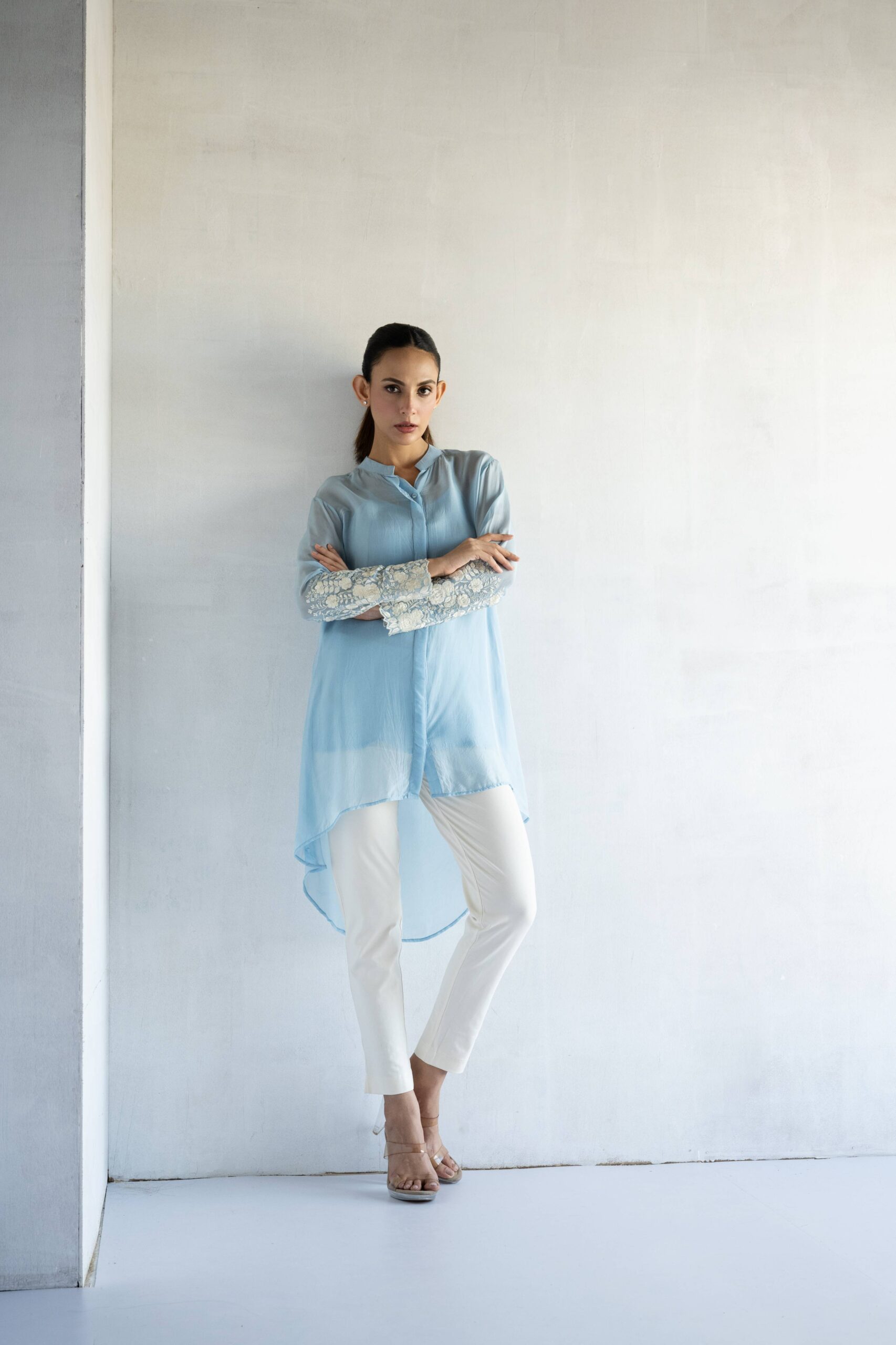 POWDER BLUE-THREAD EMBROIDERY -PURE SOFT ORGANZA HIGH LOW SHIRT - Image 2