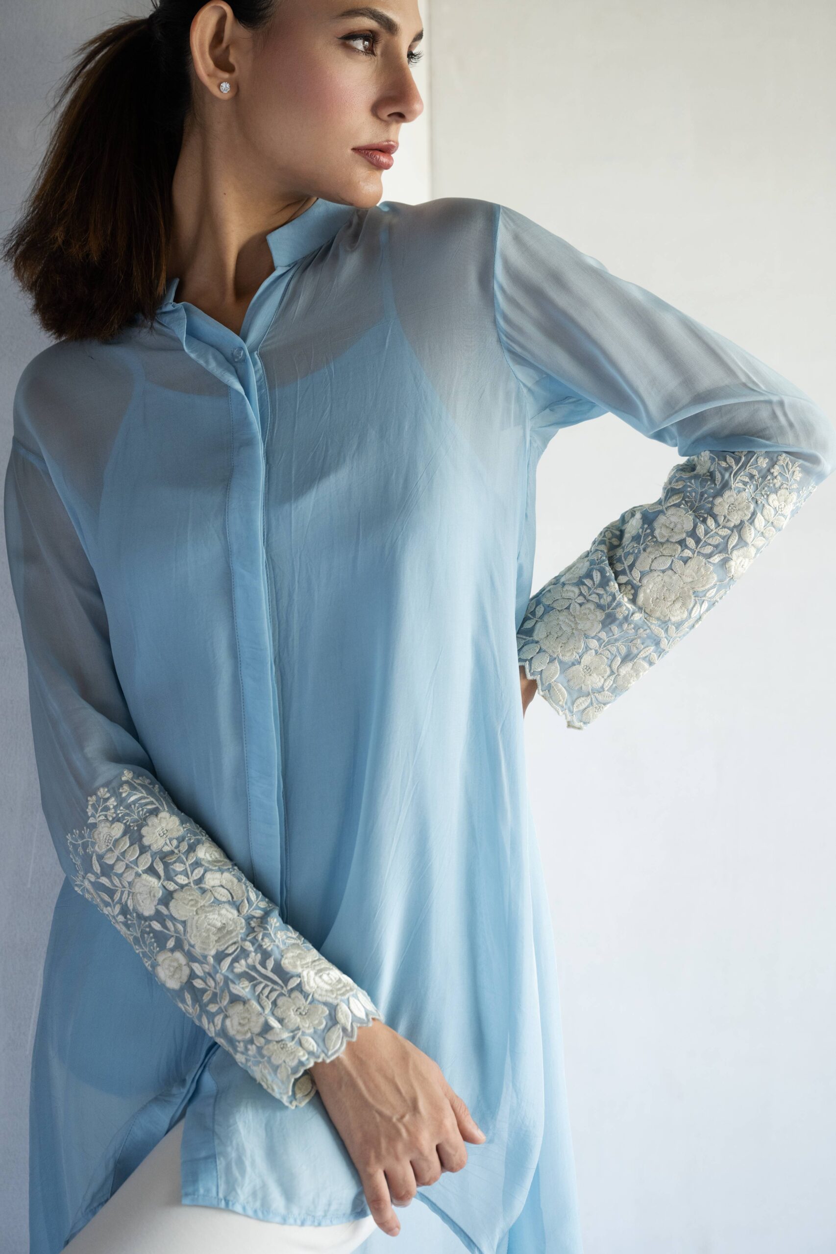 POWDER BLUE-THREAD EMBROIDERY -PURE SOFT ORGANZA HIGH LOW SHIRT - Image 3