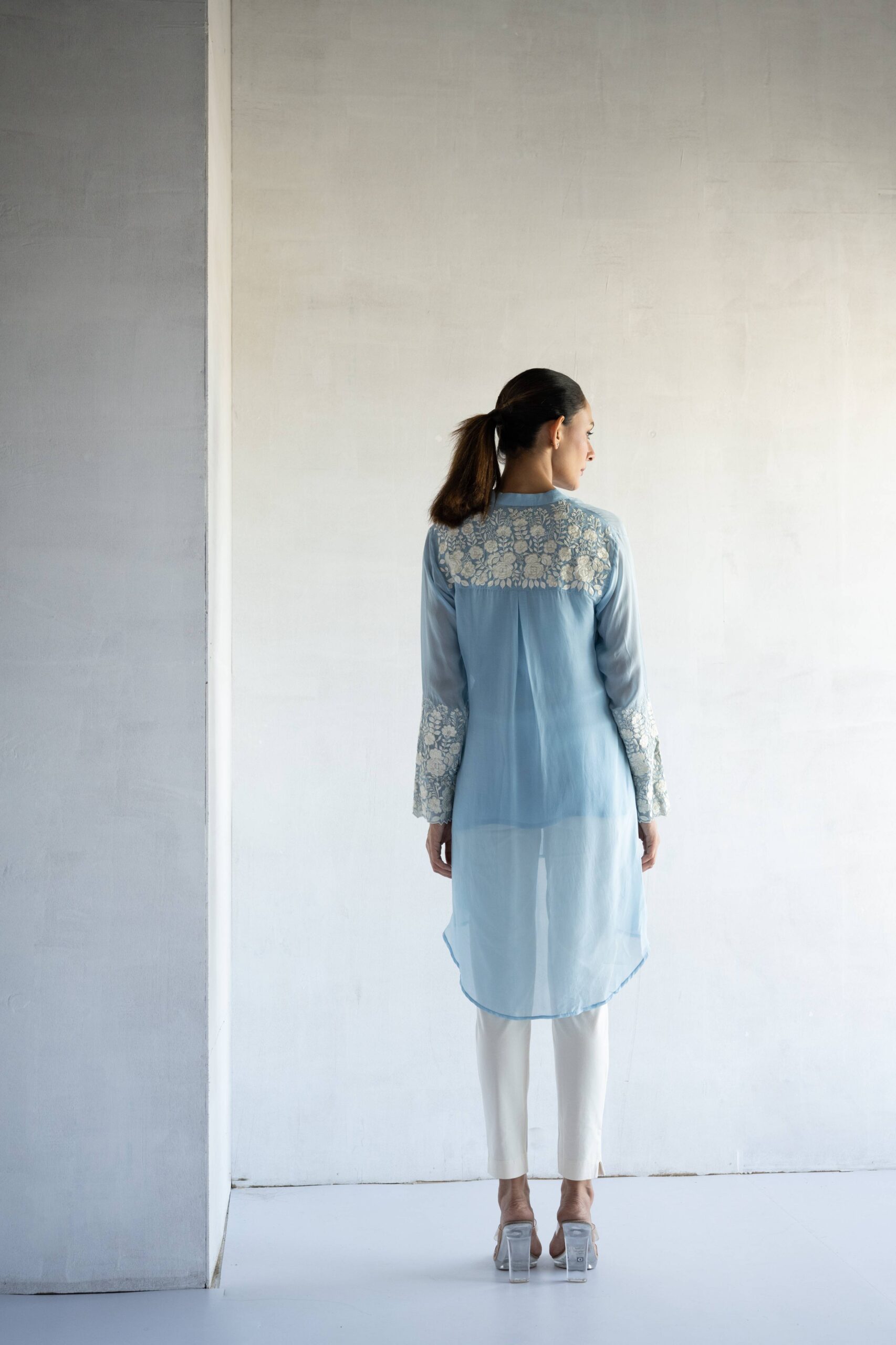 POWDER BLUE-THREAD EMBROIDERY -PURE SOFT ORGANZA HIGH LOW SHIRT - Image 4