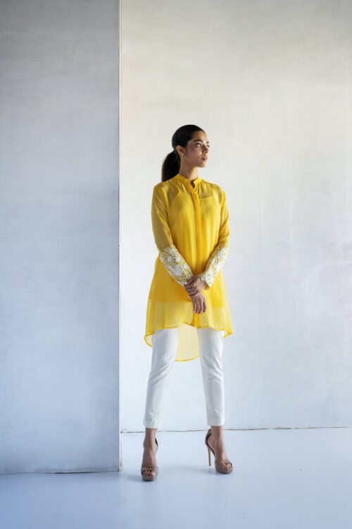YELLOW-THREAD EMBROIDERY -PURE SOFT ORGANZA HIGH LOW SHIRT