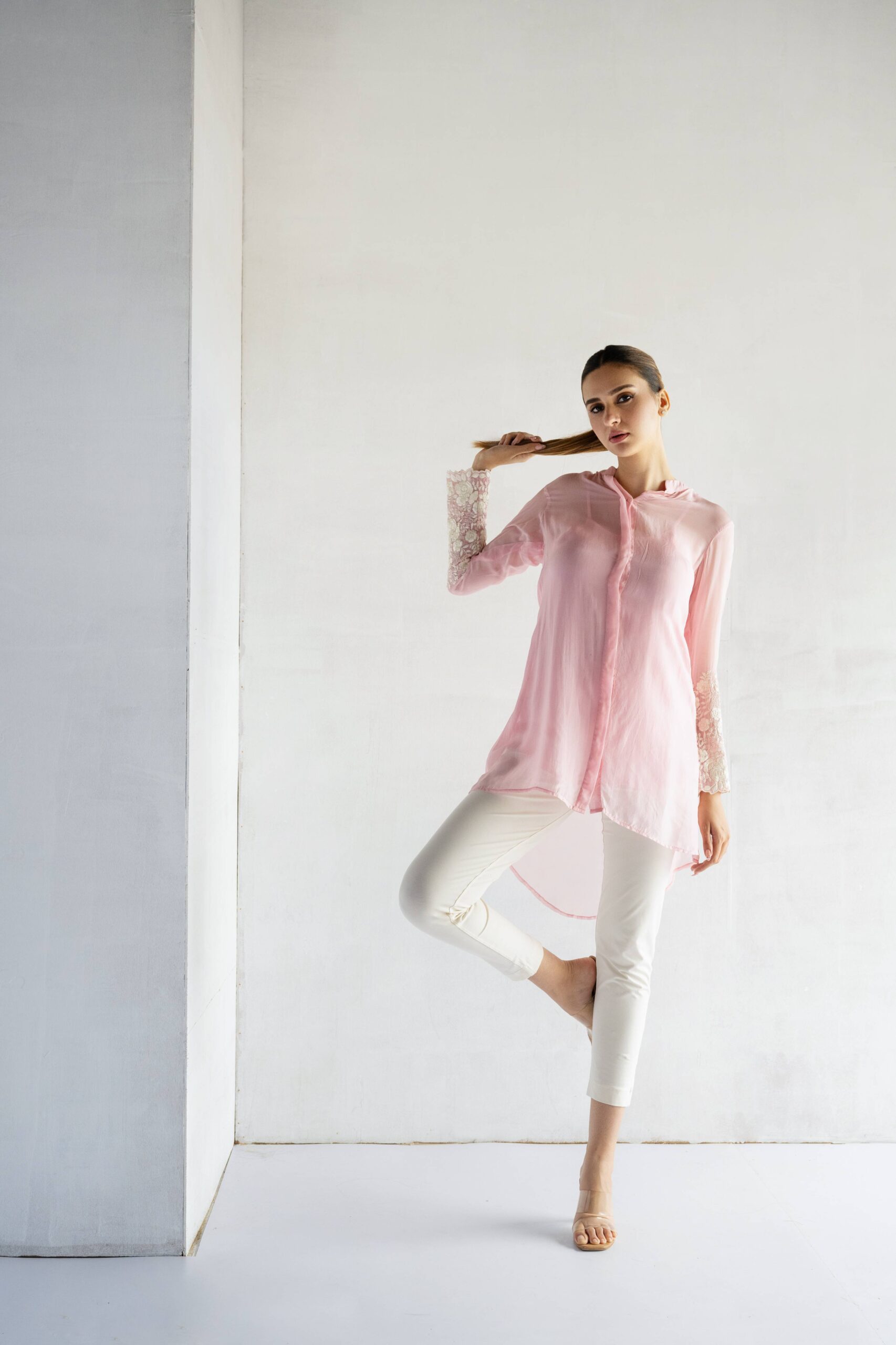 PINK-THREAD EMBROIDERY -PURE SOFT ORGANZA HIGH LOW SHIRT - Image 2