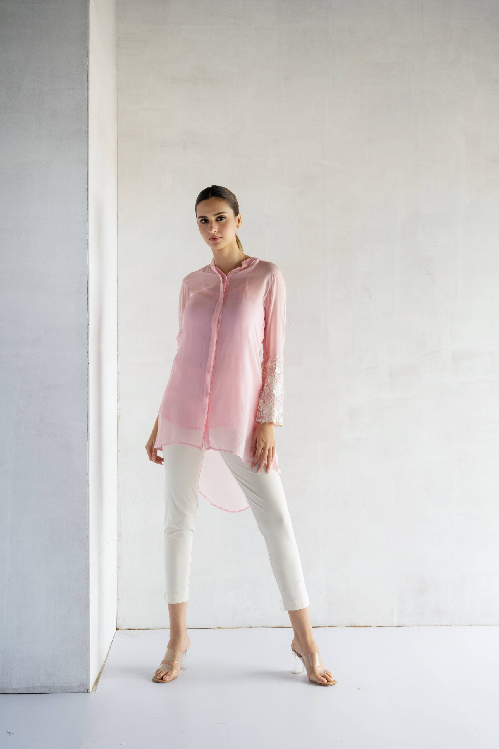 PINK-THREAD EMBROIDERY -PURE SOFT ORGANZA HIGH LOW SHIRT - Image 3