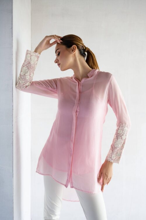 PINK-THREAD EMBROIDERY -PURE SOFT ORGANZA HIGH LOW SHIRT