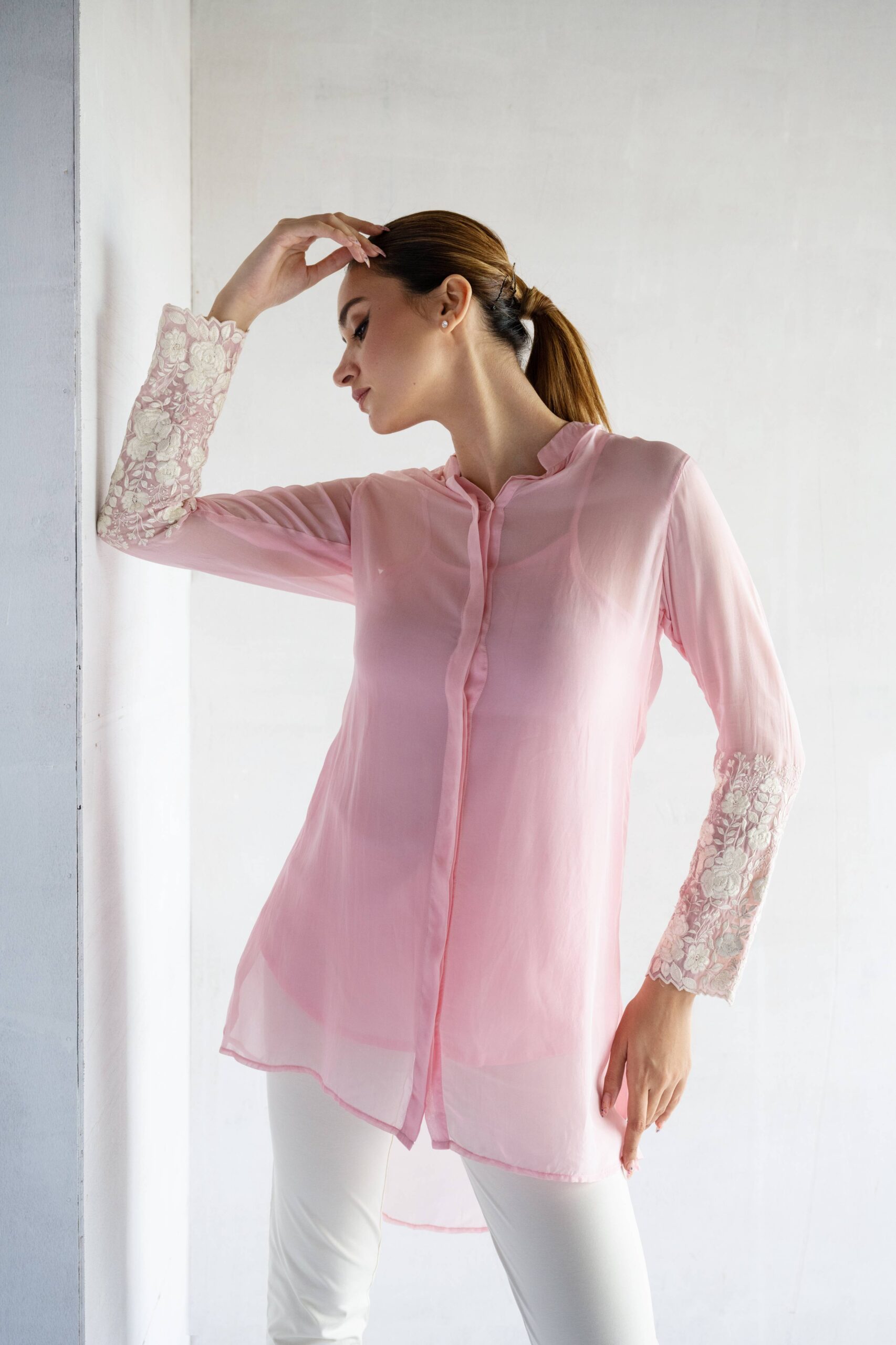 PINK-THREAD EMBROIDERY -PURE SOFT ORGANZA HIGH LOW SHIRT