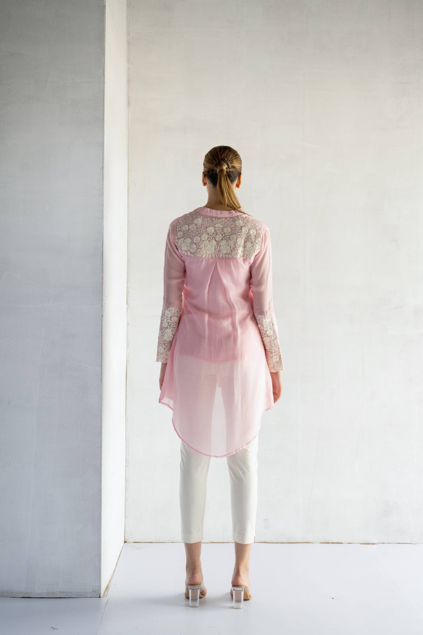 PINK-THREAD EMBROIDERY -PURE SOFT ORGANZA HIGH LOW SHIRT - Image 4