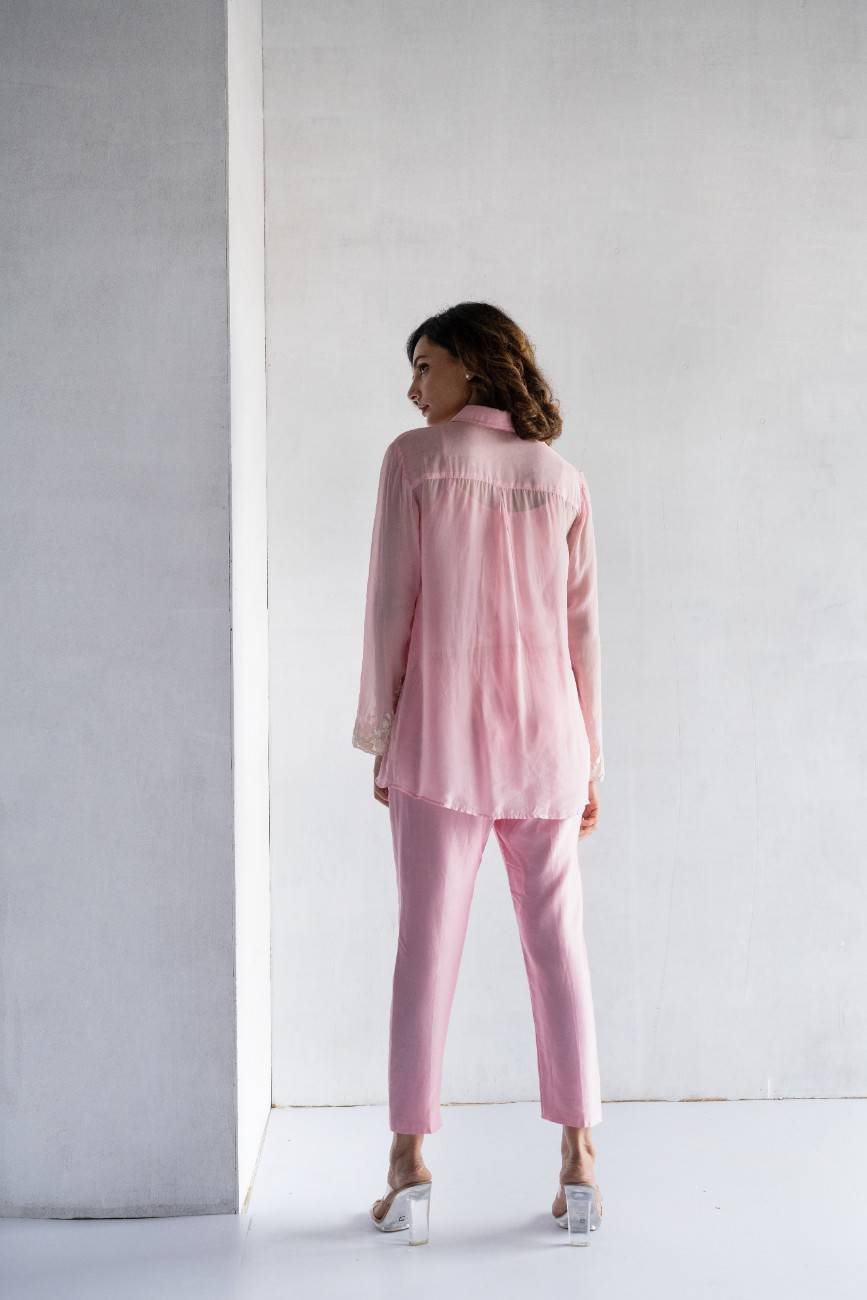 PINK-THREAD EMBROIDERY -PURE SOFT ORGANZA SHORT SHIRT - Image 4