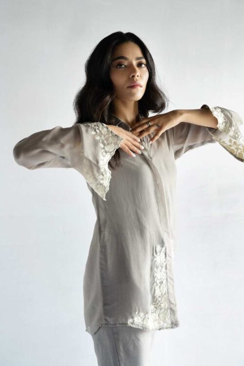 GREY-THREAD EMBROIDERY -PURE SOFT ORGANZA SHORT SHIRT