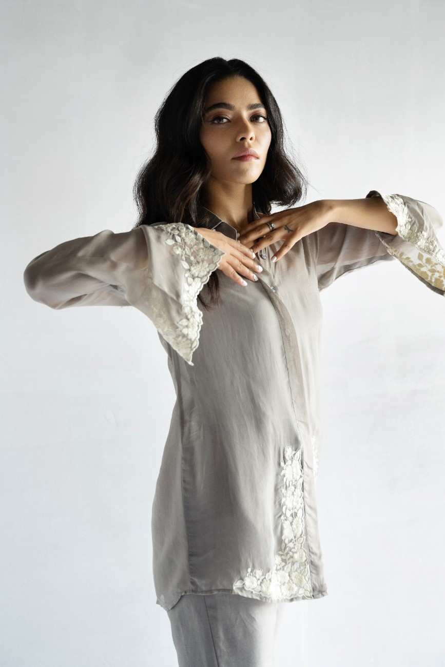 GREY-THREAD EMBROIDERY -PURE SOFT ORGANZA SHORT SHIRT