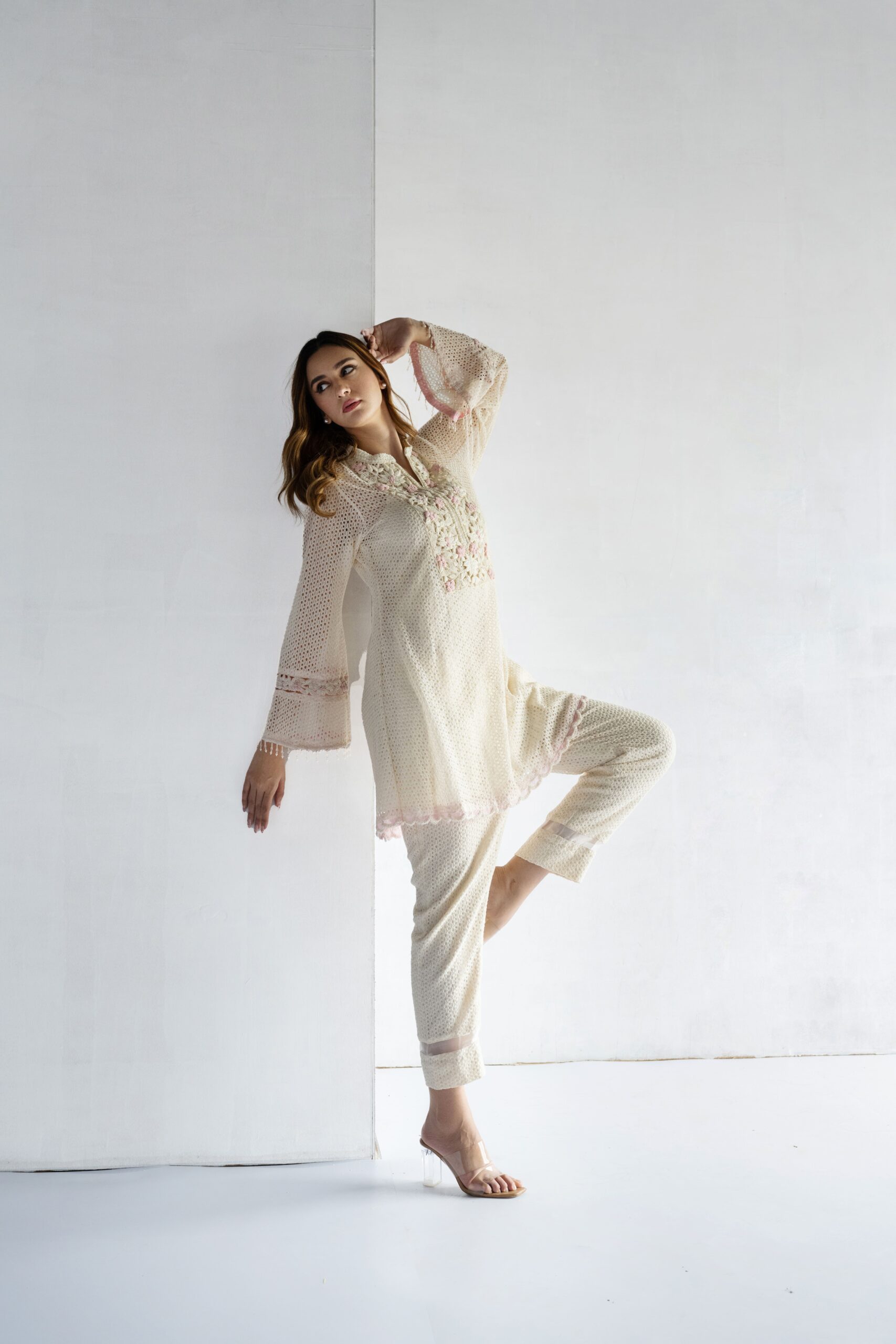 PINK-THREAD AND PEARL EMBROIDERY- CROCHET SHORT KURTA WITH PANT