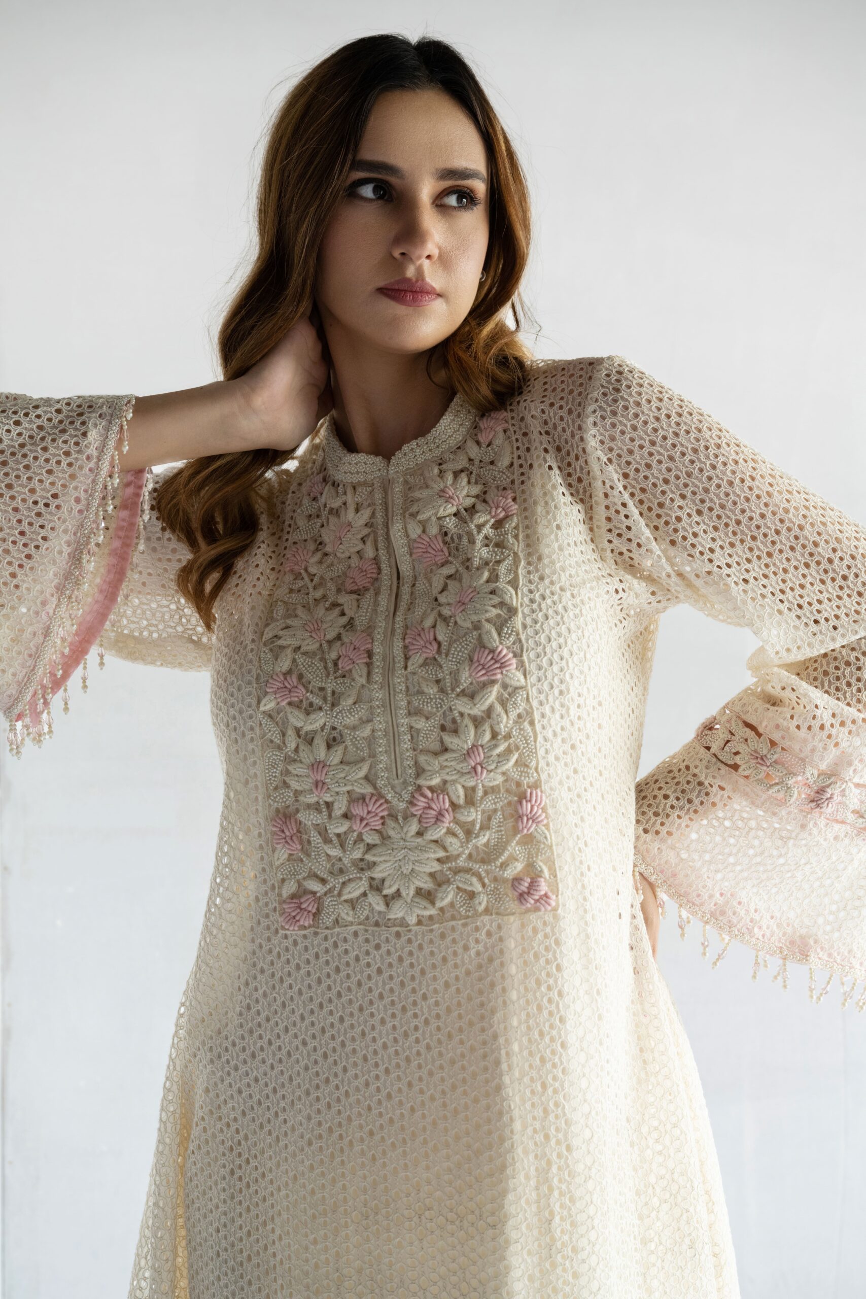 PINK-THREAD AND PEARL EMBROIDERY- CROCHET SHORT KURTA WITH PANT - Image 3