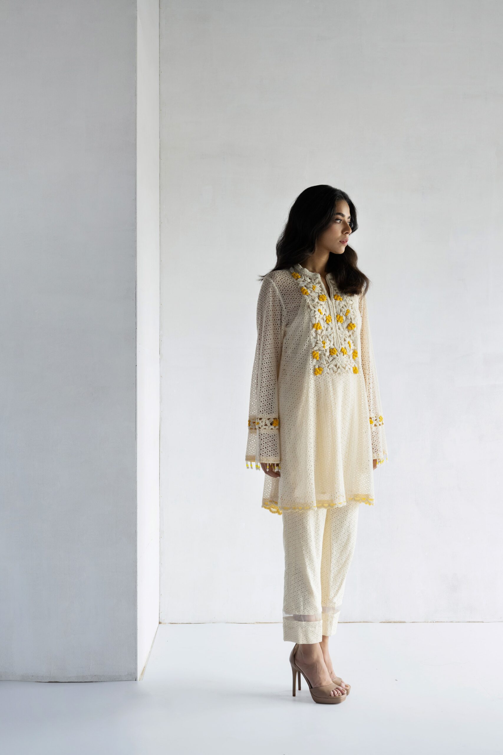 YELLOW-THREAD AND PEARL EMBROIDERY- CROCHET SHORT KURTA WITH PANT