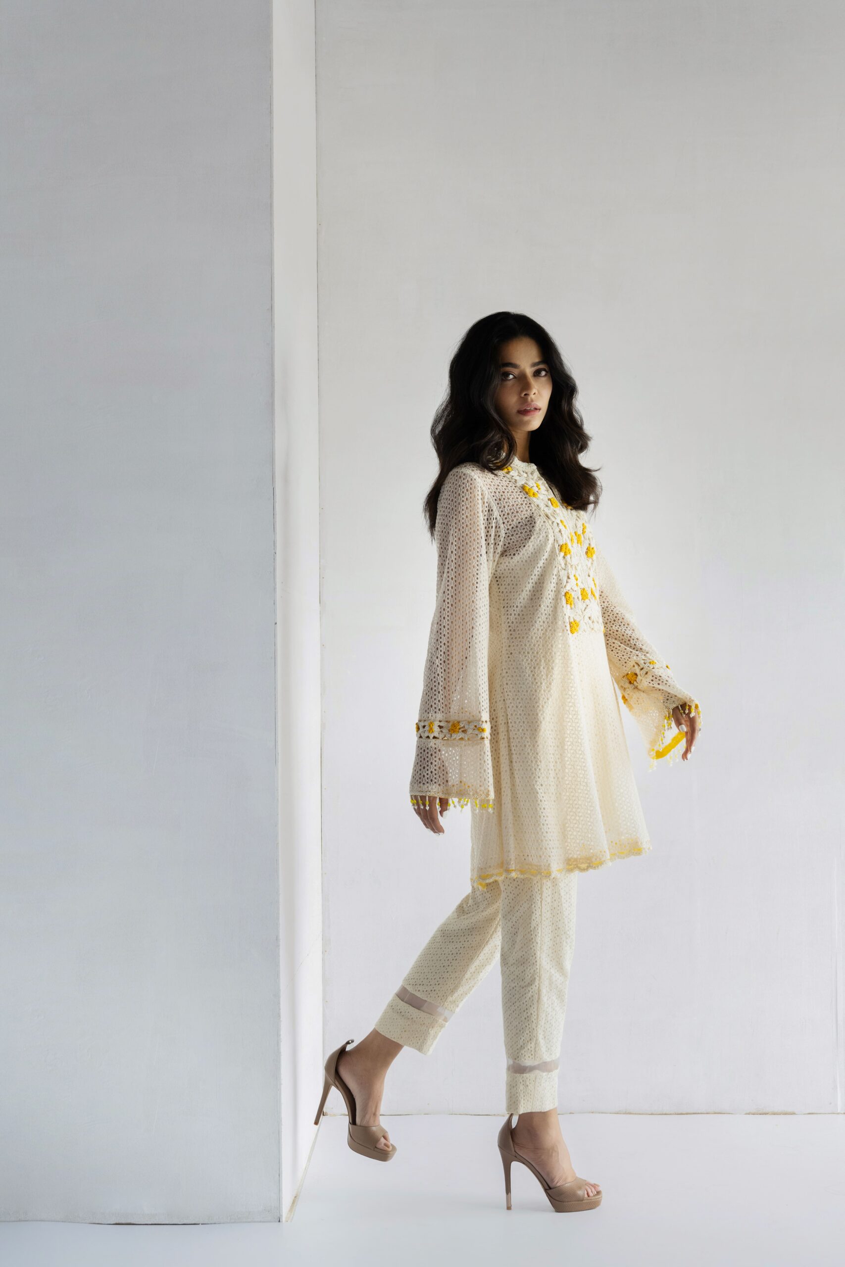YELLOW-THREAD AND PEARL EMBROIDERY- CROCHET SHORT KURTA WITH PANT - Image 2