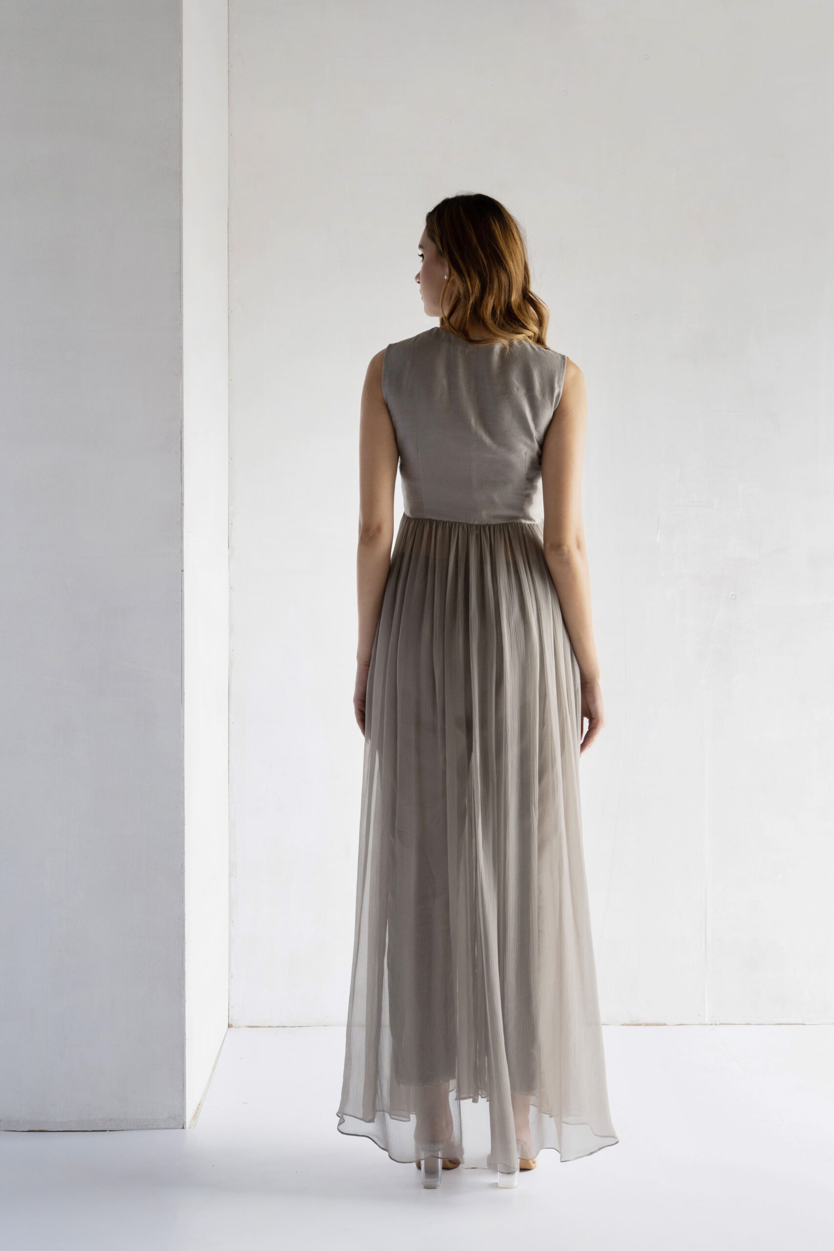 GREY-THREAD EMBROIDERY -PURE SHIFFON WITH CHANDERI DRESS - Image 4