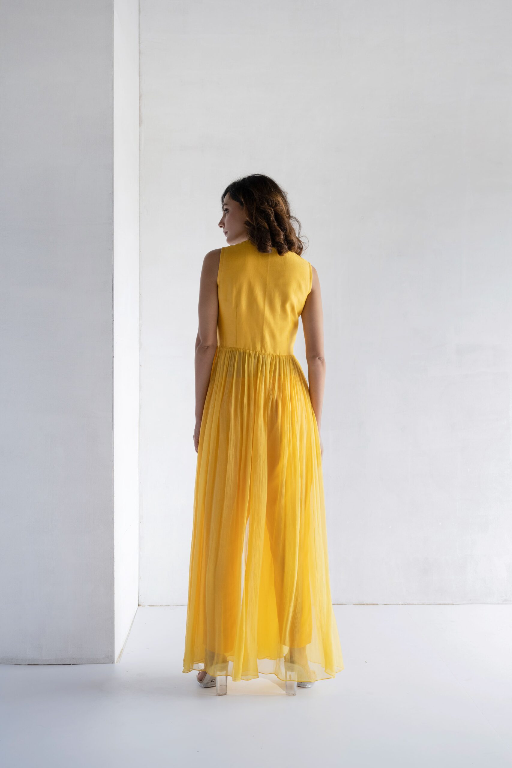 YELLOW-THREAD EMBROIDERY -PURE SHIFFON WITH CHANDERI DRESS - Image 2