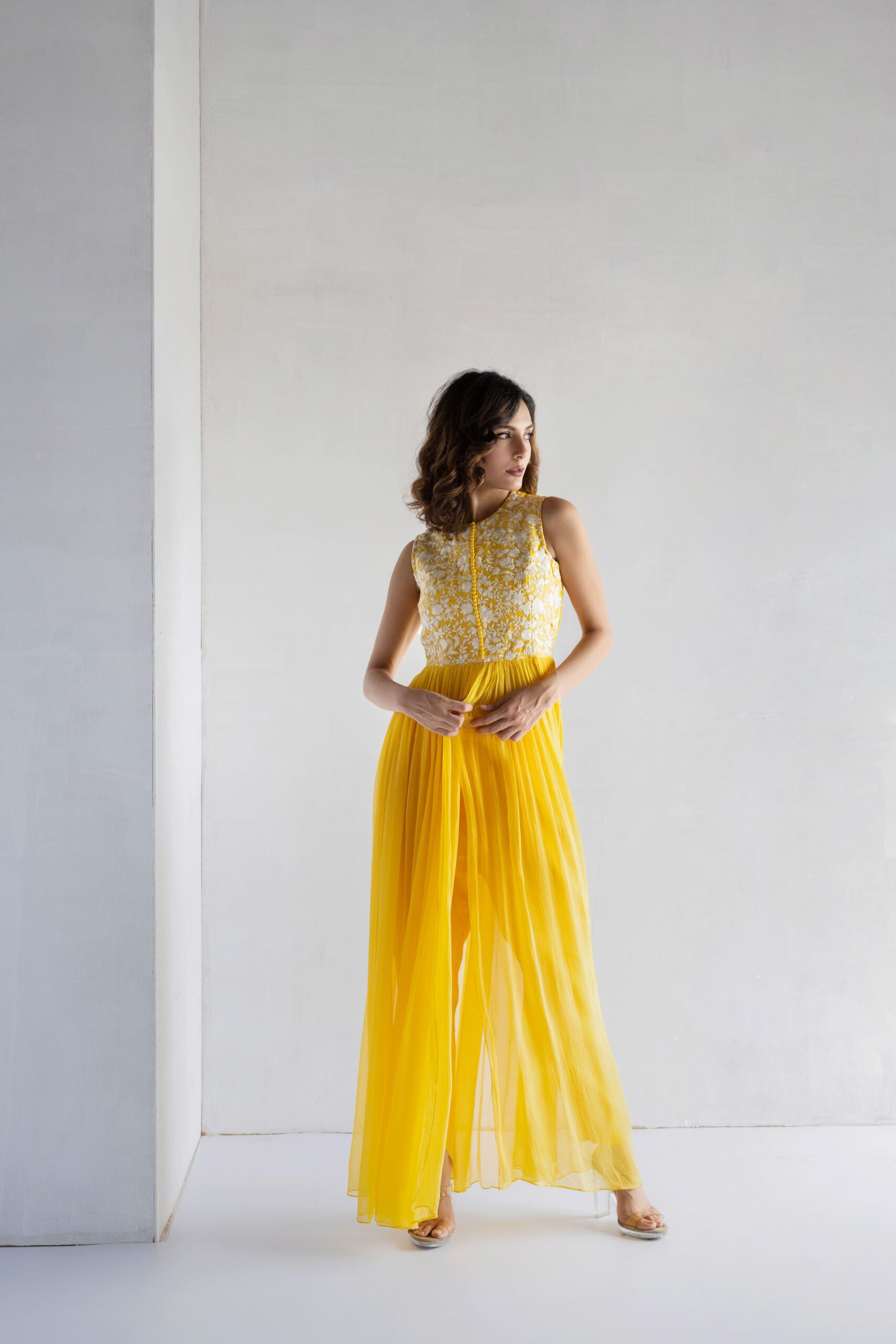 YELLOW-THREAD EMBROIDERY -PURE SHIFFON WITH CHANDERI DRESS