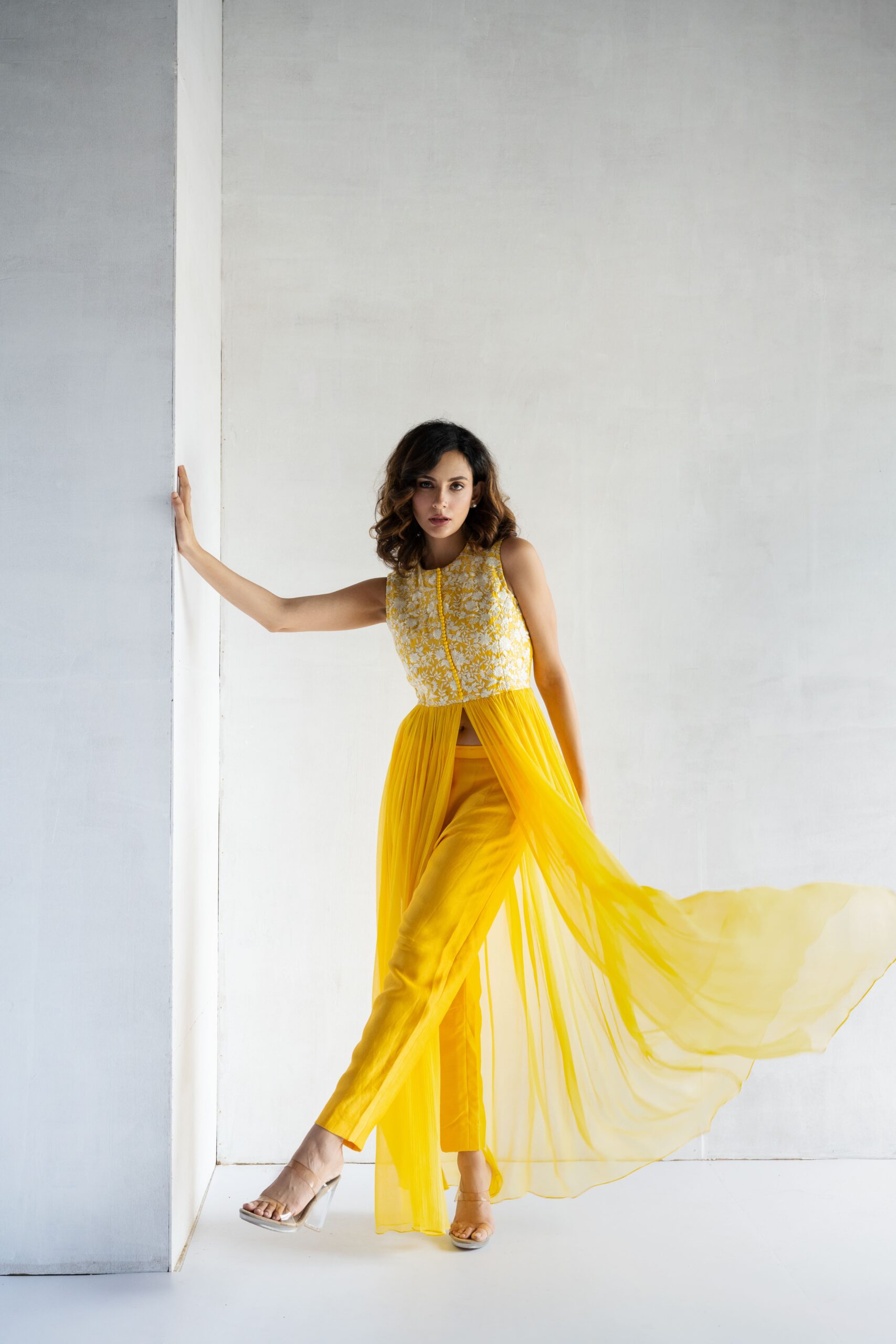 YELLOW-THREAD EMBROIDERY -PURE SHIFFON WITH CHANDERI DRESS - Image 3