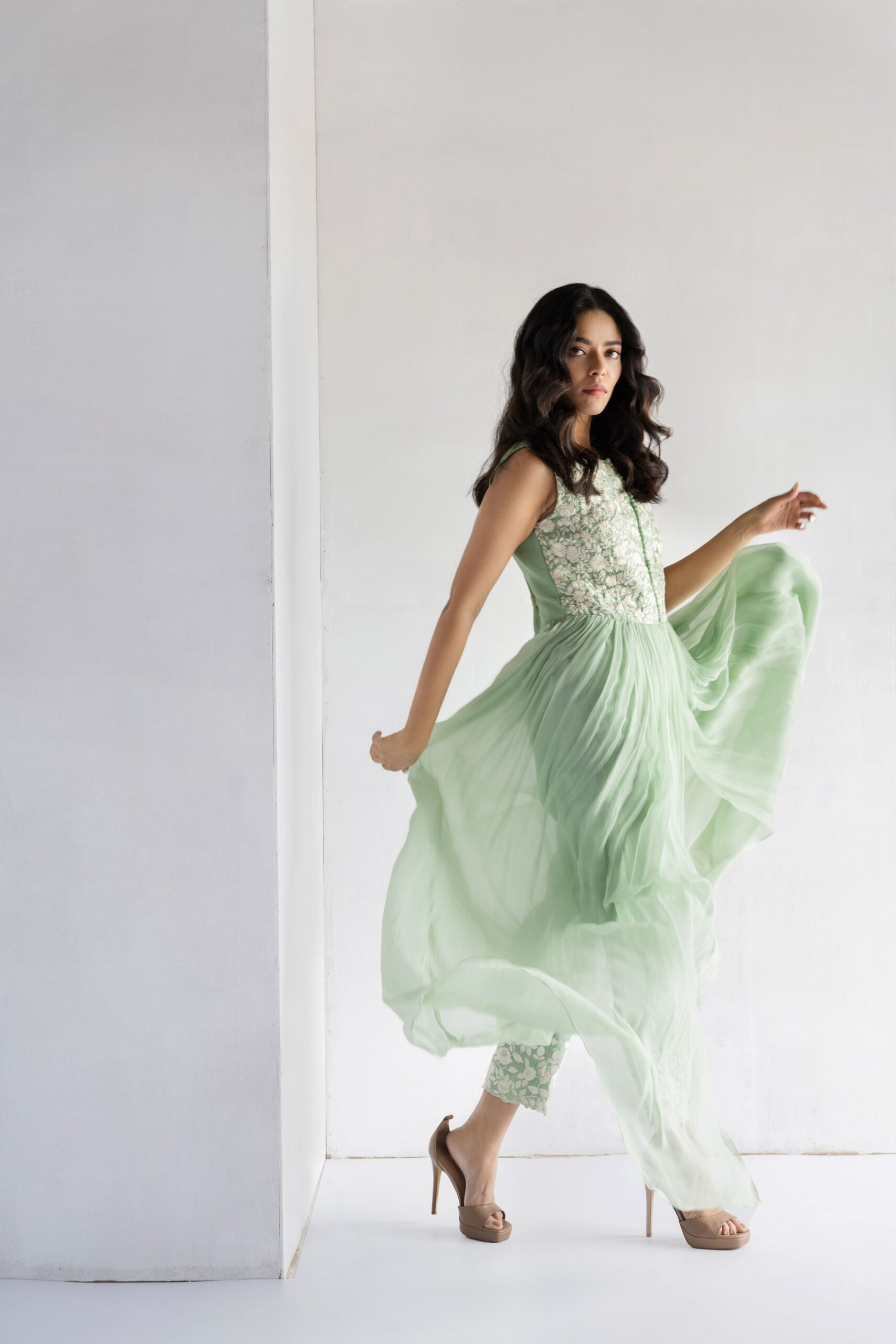 GREEN-THREAD EMBROIDERY -PURE SHIFFON WITH CHANDERI DRESS