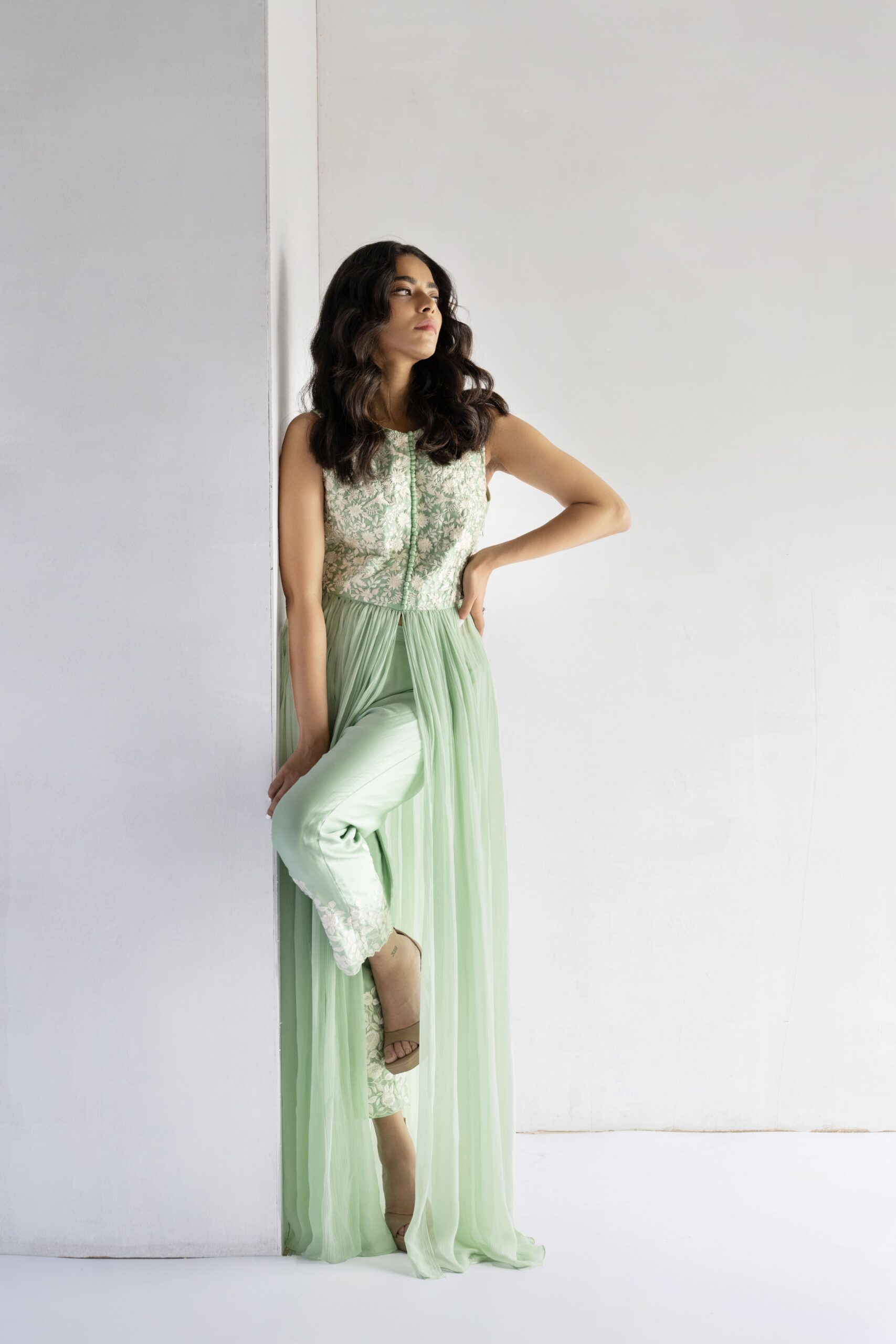 GREEN-THREAD EMBROIDERY -PURE SHIFFON WITH CHANDERI DRESS - Image 2