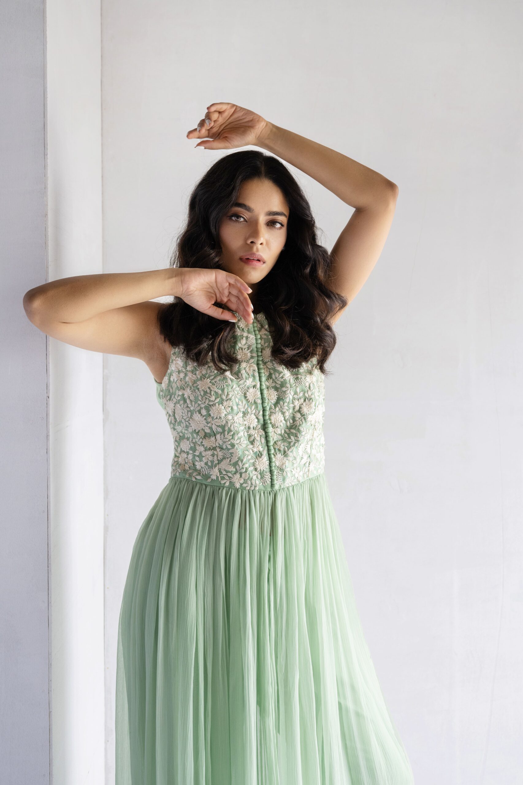 GREEN-THREAD EMBROIDERY -PURE SHIFFON WITH CHANDERI DRESS - Image 3