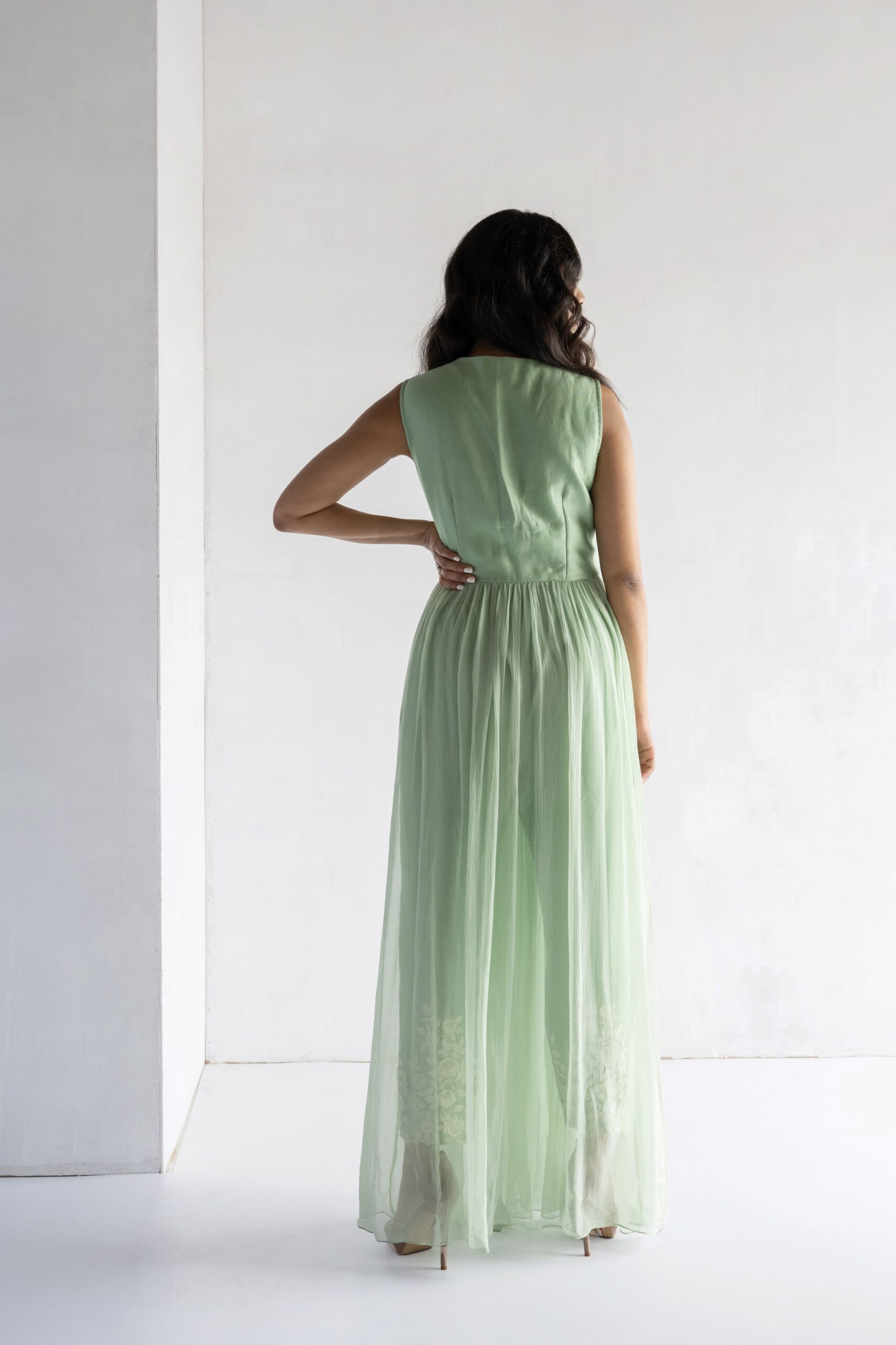 GREEN-THREAD EMBROIDERY -PURE SHIFFON WITH CHANDERI DRESS - Image 4