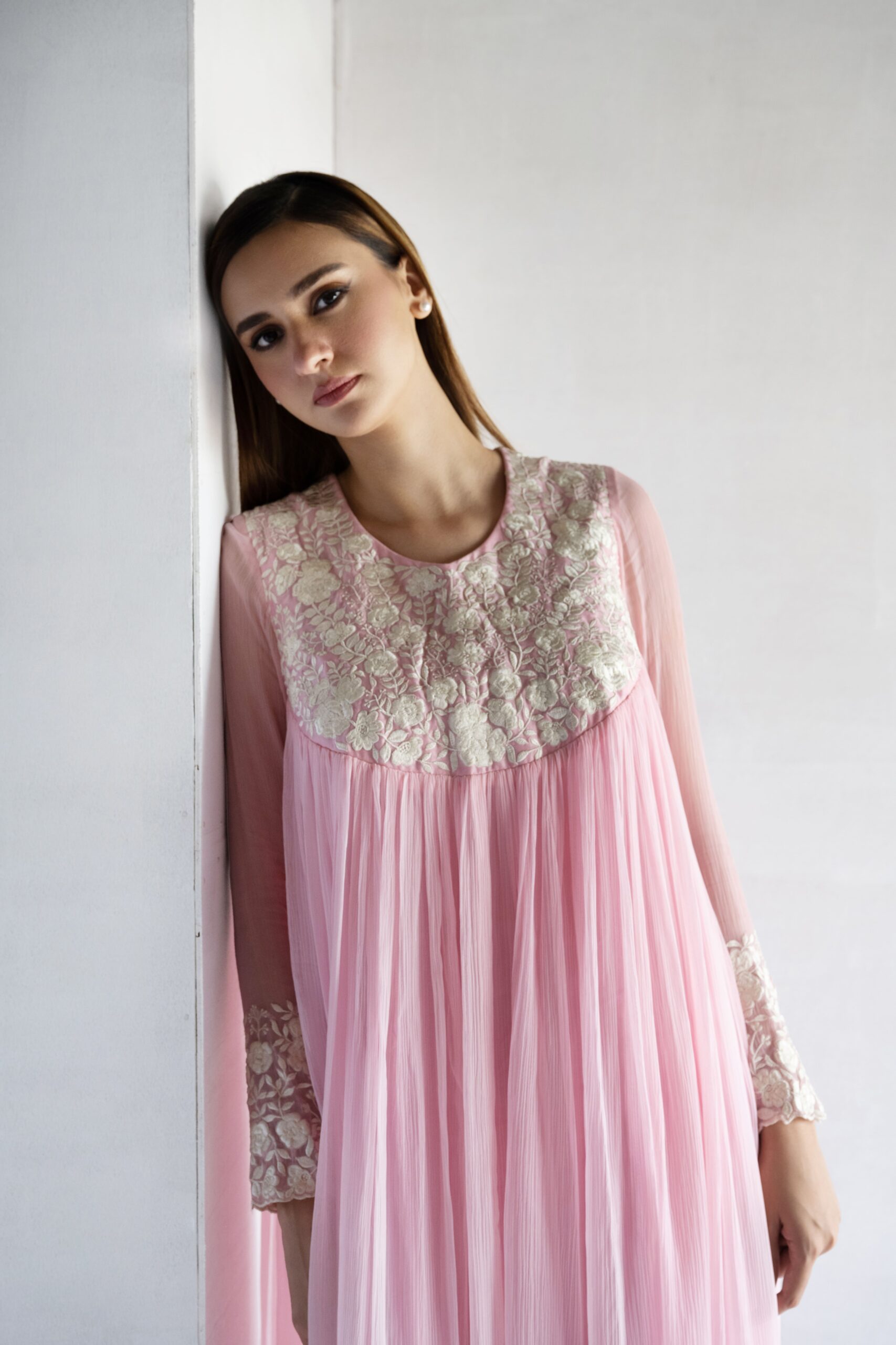 PINK-THREAD EMBROIDERY -PURE SHIFFON DRESS - Image 2