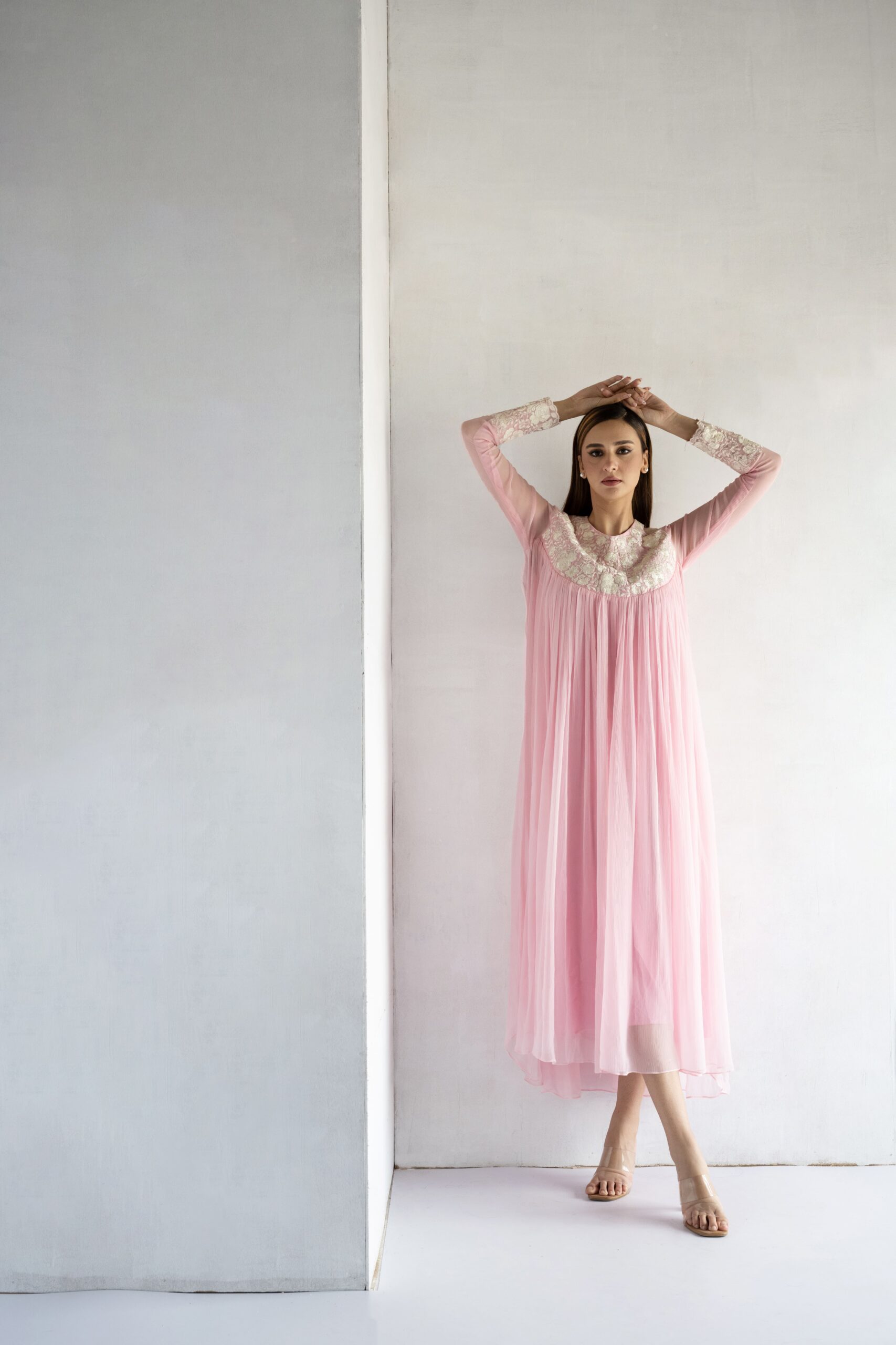PINK-THREAD EMBROIDERY -PURE SHIFFON DRESS - Image 3