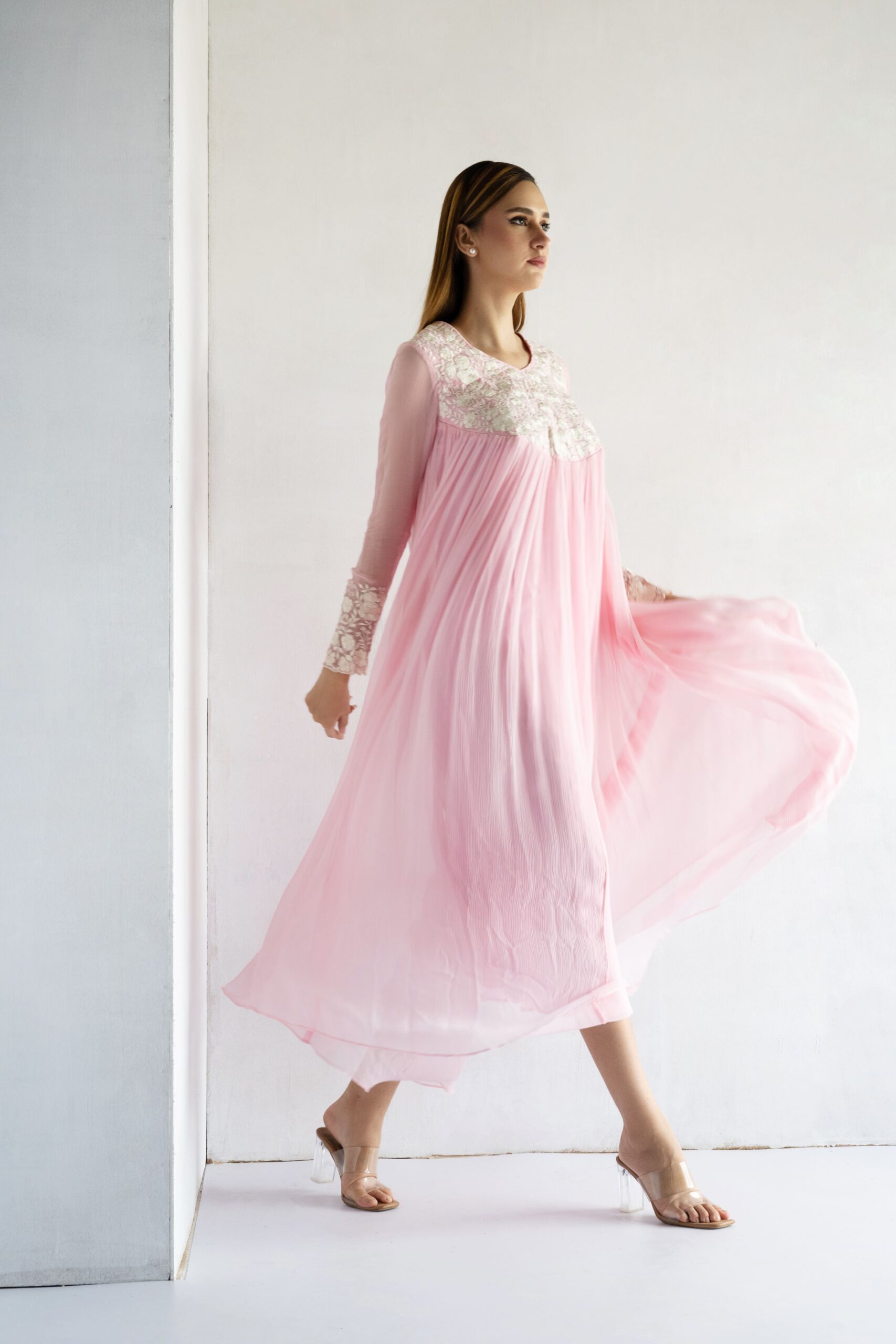PINK-THREAD EMBROIDERY -PURE SHIFFON DRESS
