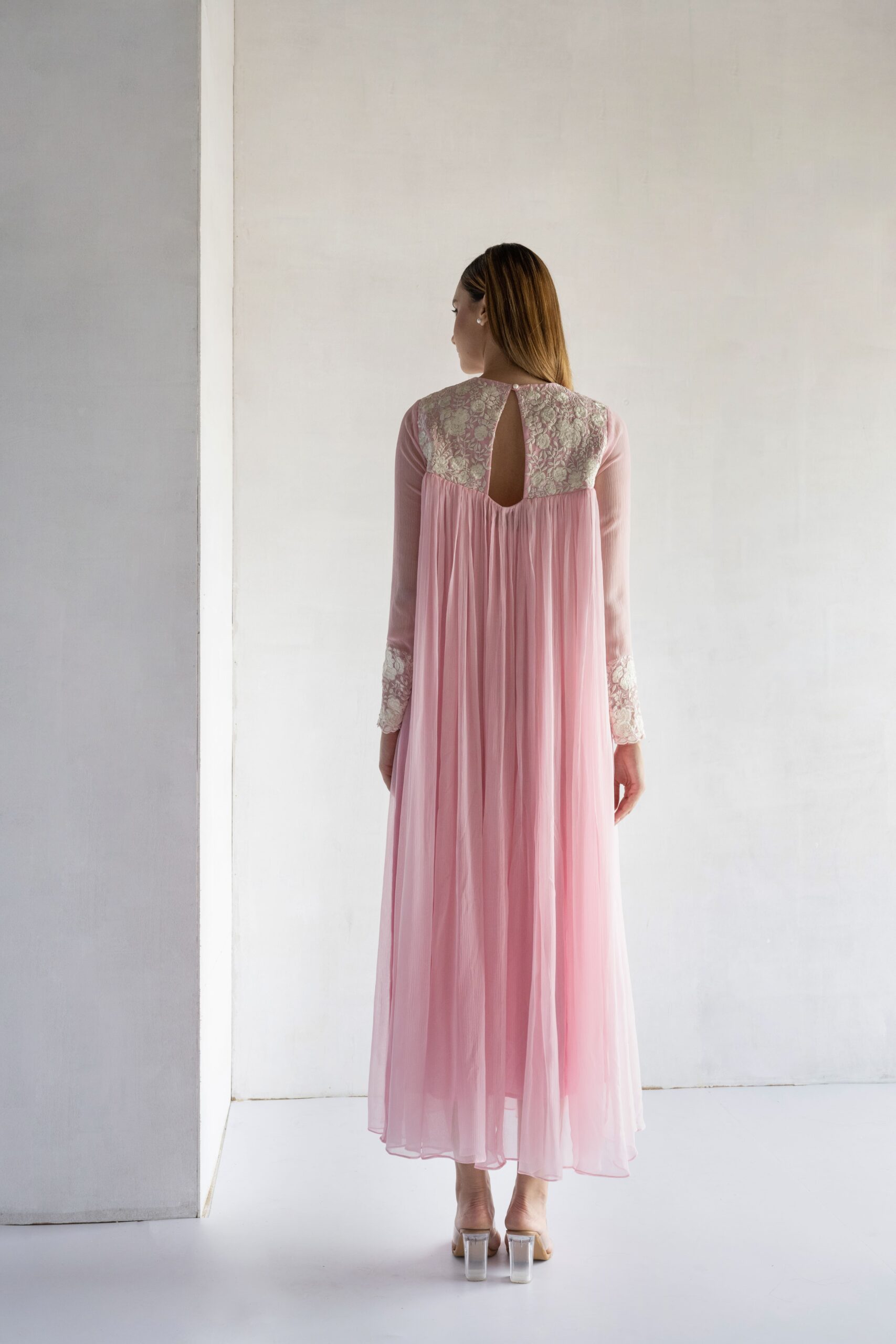 PINK-THREAD EMBROIDERY -PURE SHIFFON DRESS - Image 4